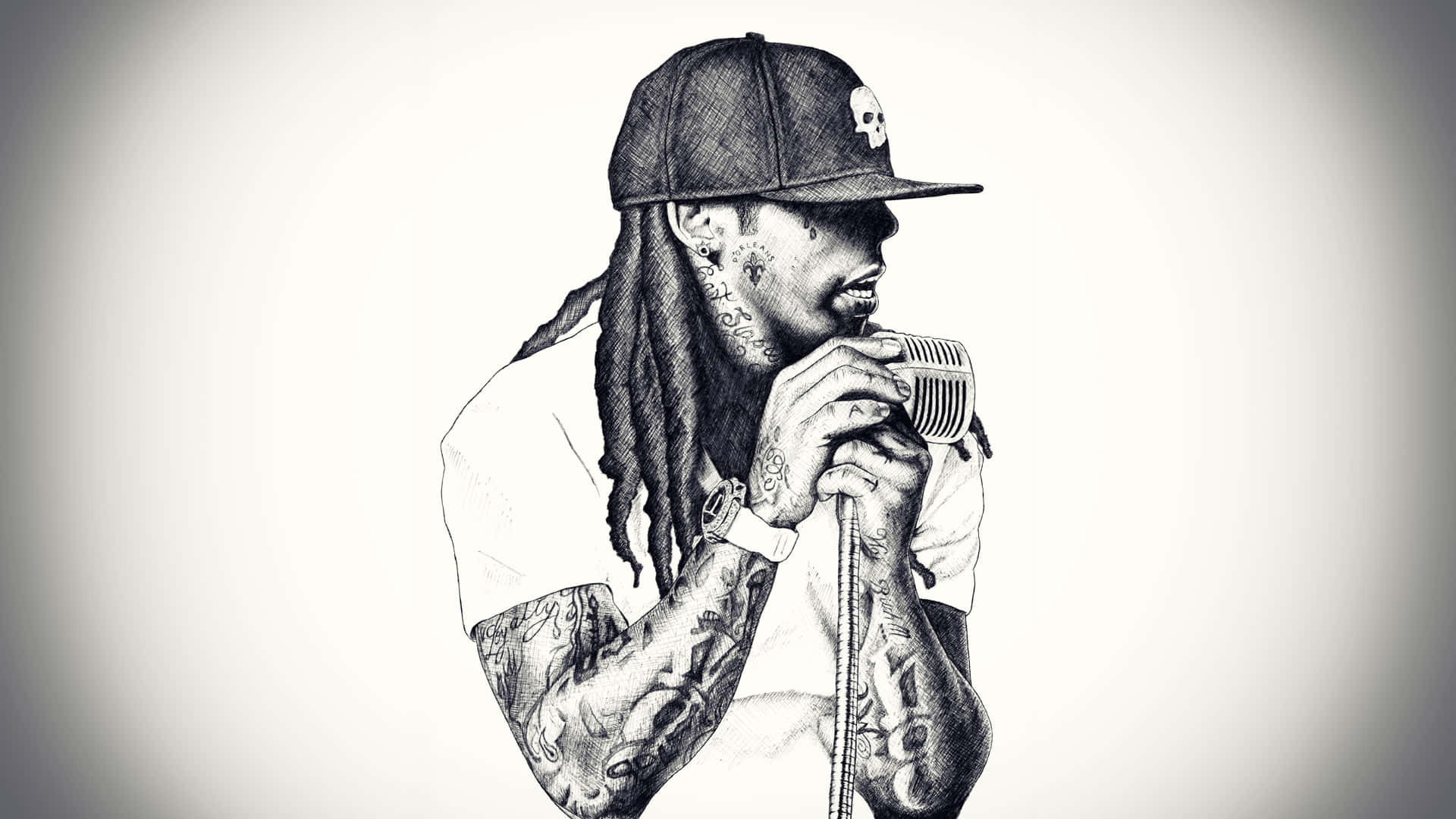 Rap Aesthetic 桌布 壁紙 — 一個詳細的黑白插圖，描繪了一位帶有刺青和辮子的饒舌歌手對著復古麥克風唱歌。