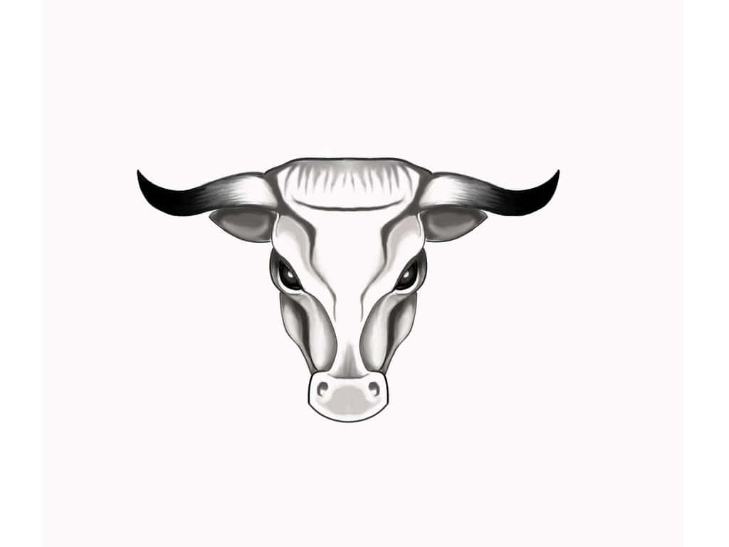 Bull Head 桌布 壁紙 — 一個詳細的黑白插圖，描繪了一個帶有彎曲角和銳利眼睛的公牛頭部，背景為純色。