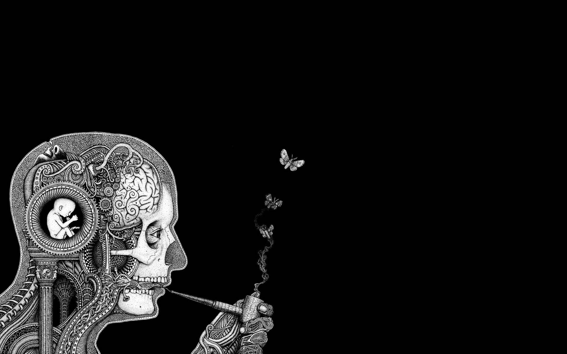 Brain 桌布 壁紙 — 一個詳細的黑白插圖，描繪了一個抽煙斗的頭骨側面，帶有複雜的大腦和胎兒圖案，以及從煙霧中出現的蝴蝶。