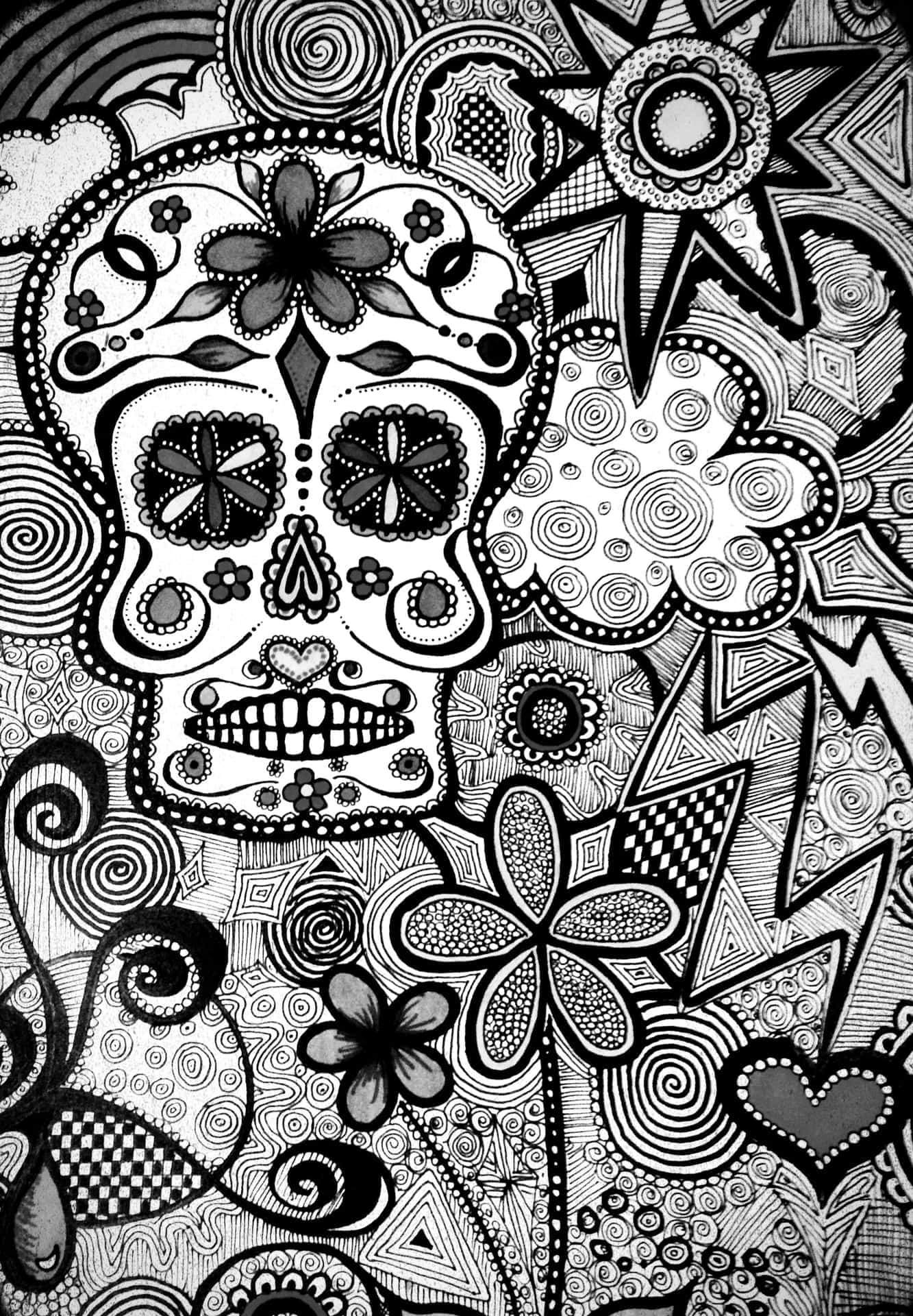 糖骷髏 桌布 壁紙 — 一個詳細的黑白插圖，描繪了一個裝飾性的糖骷髏，周圍環繞著複雜的花卉和幾何圖案。