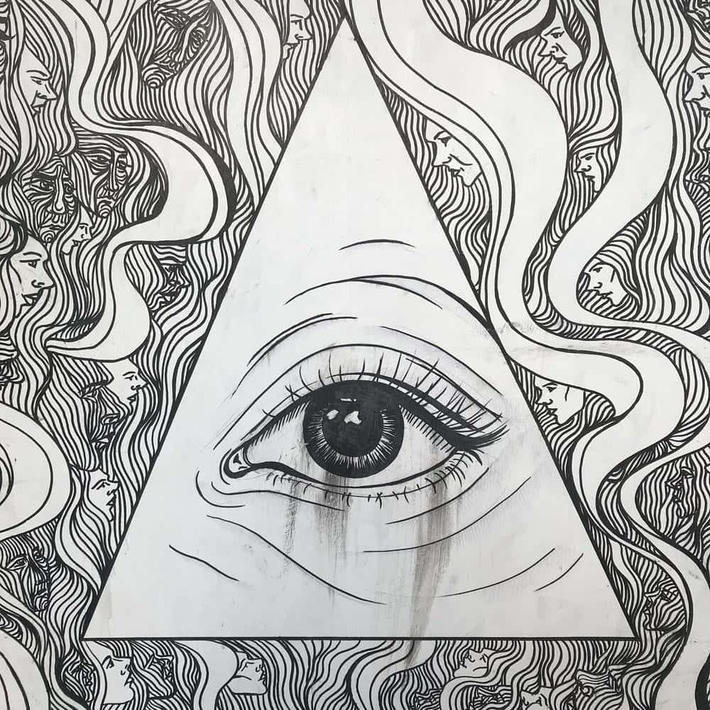 Pencil Drawing 桌布 壁紙 — 一個詳細的黑白插圖，描繪了三角形內的眼睛，周圍環繞著流動的頭髮和面孔。