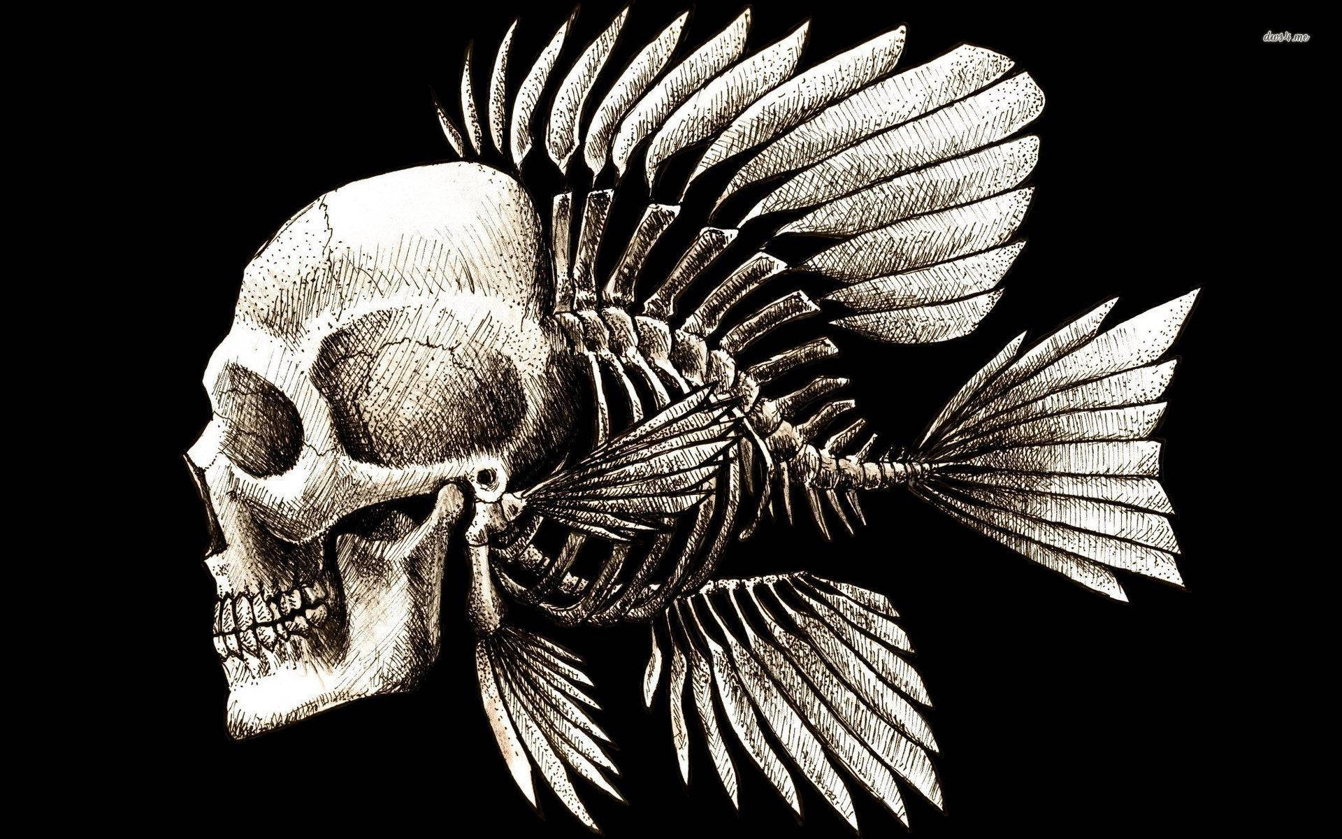 骷髏動圖 桌布 壁紙 — 一個詳細的黑白插圖，描繪魚骨與人類頭骨融合，背景為深色。