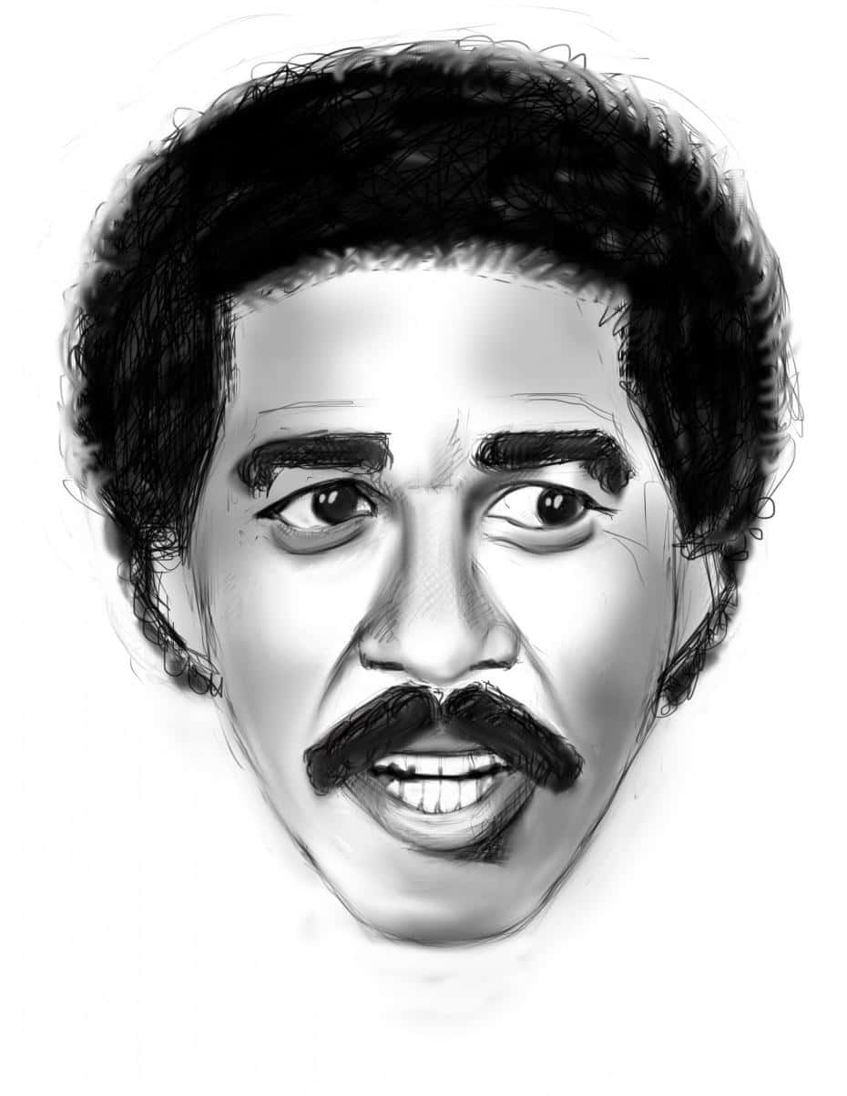 Richard Pryor 桌布 壁紙 — 一個詳細的黑白數位素描，描繪一位留鬍子和爆炸頭髮型的男子微微微笑。