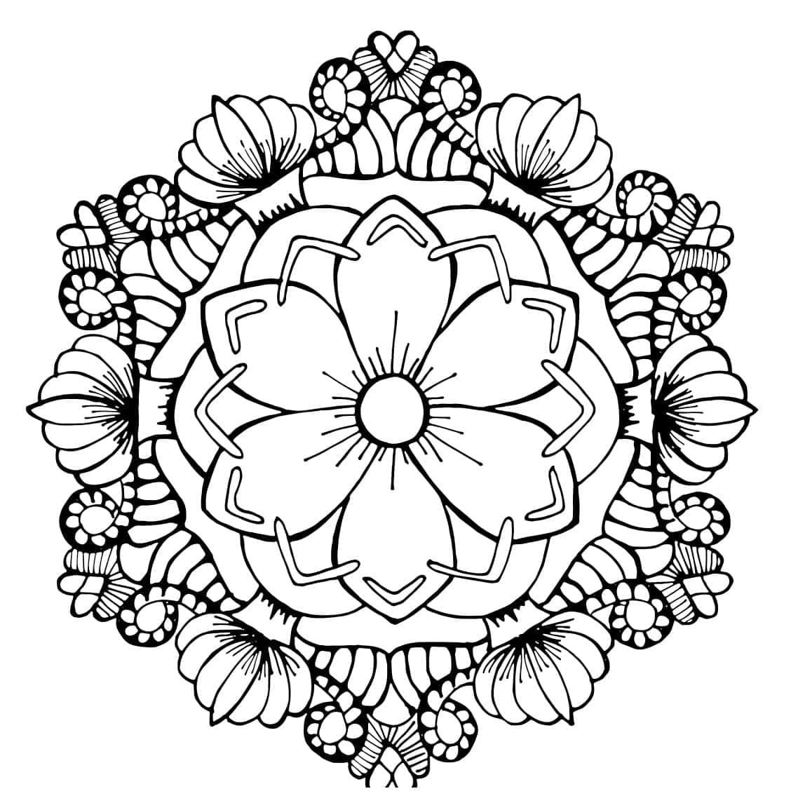 Flower Coloring 桌布 壁紙 — 一個詳細的黑白曼陀羅，中央有一朵花，周圍環繞著分層的花卉圖案和複雜的線條。