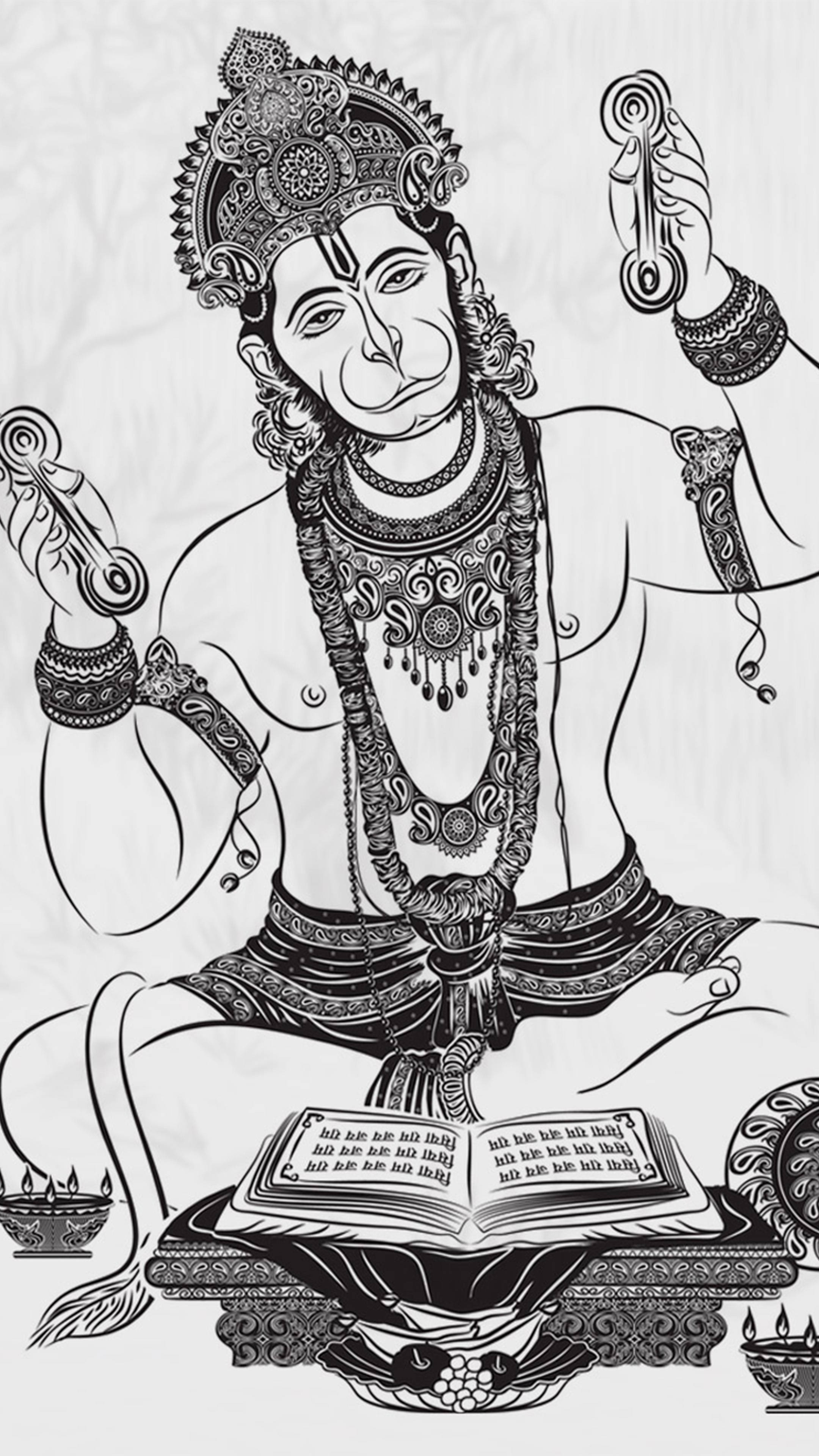 hanuman 4K HD 桌布 壁紙 — 一個詳細的黑白線條畫，描繪一位坐著的神祇，戴著華麗的王冠和珠寶，手持儀式物品和一本打開的書。