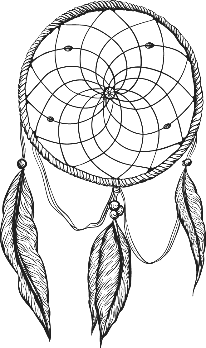 dreamcatcher 桌布 壁紙 — 一個詳細的黑白線條畫，描繪了一個帶有複雜網狀結構和三根懸掛羽毛的捕夢網。