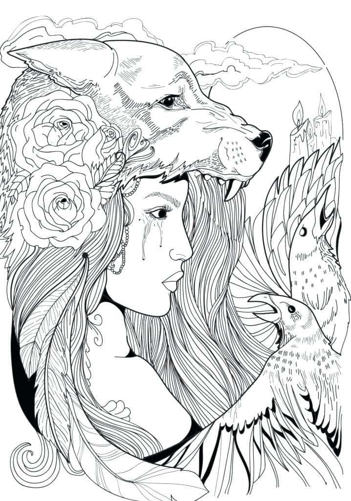Cute Coloring 桌布 壁紙 — 一個詳細的黑白線條藝術插圖，描繪一位女性，她的上方有一個狼頭，周圍環繞著玫瑰和鳥類。