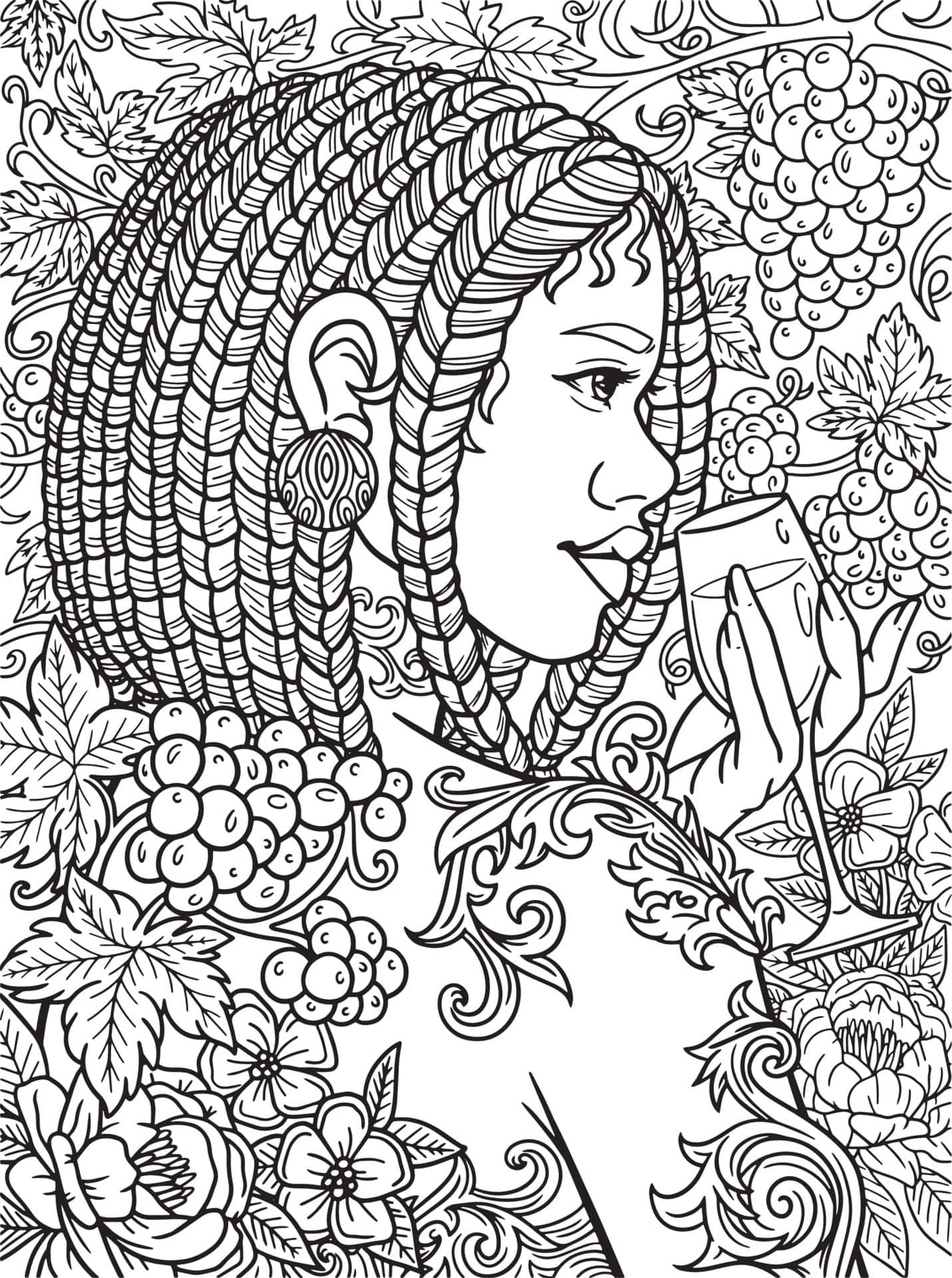 黑色藝術 桌布 壁紙 — 一個詳細的黑白線條藝術肖像，描繪一位辮子髮型的女性，在葡萄和花朵環繞下啜飲玻璃杯中的飲料。