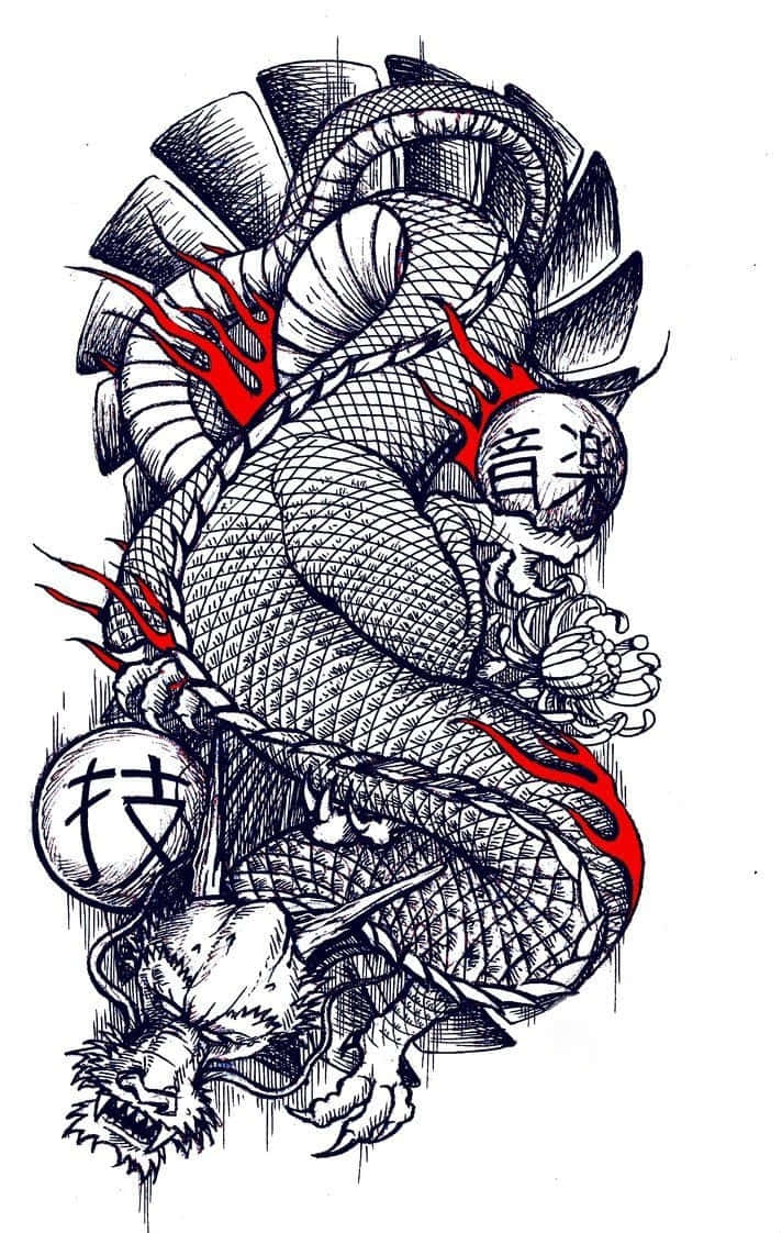 Japanese Tattoo 桌布 壁紙 — 一個詳細的黑色墨水紋身風格插圖，描繪一條盤繞的龍，帶有紅色火焰點綴和球體上的日文字元。