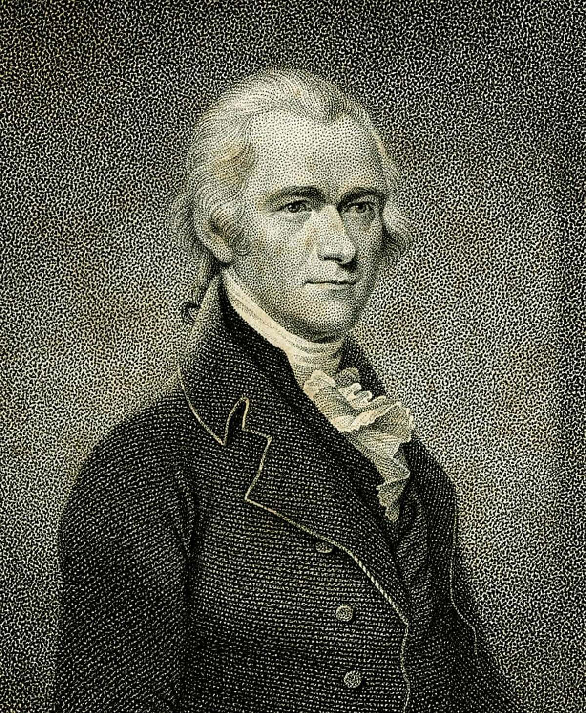 Alexander Hamilton 桌布 壁紙 — 一個詳細的點陣肖像，描繪一位頭髮撲粉、穿著18世紀外套和領巾的男子。