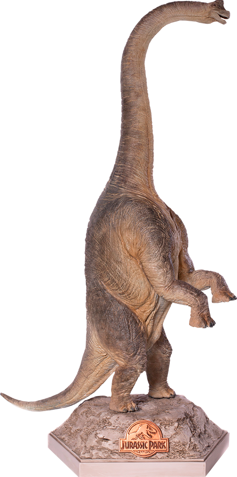 Jurassic World 桌布 壁紙 — 一個詳細逼真的長頸腕龍恐龍雕像，放在侏羅紀公園品牌的底座上，背景風格化。