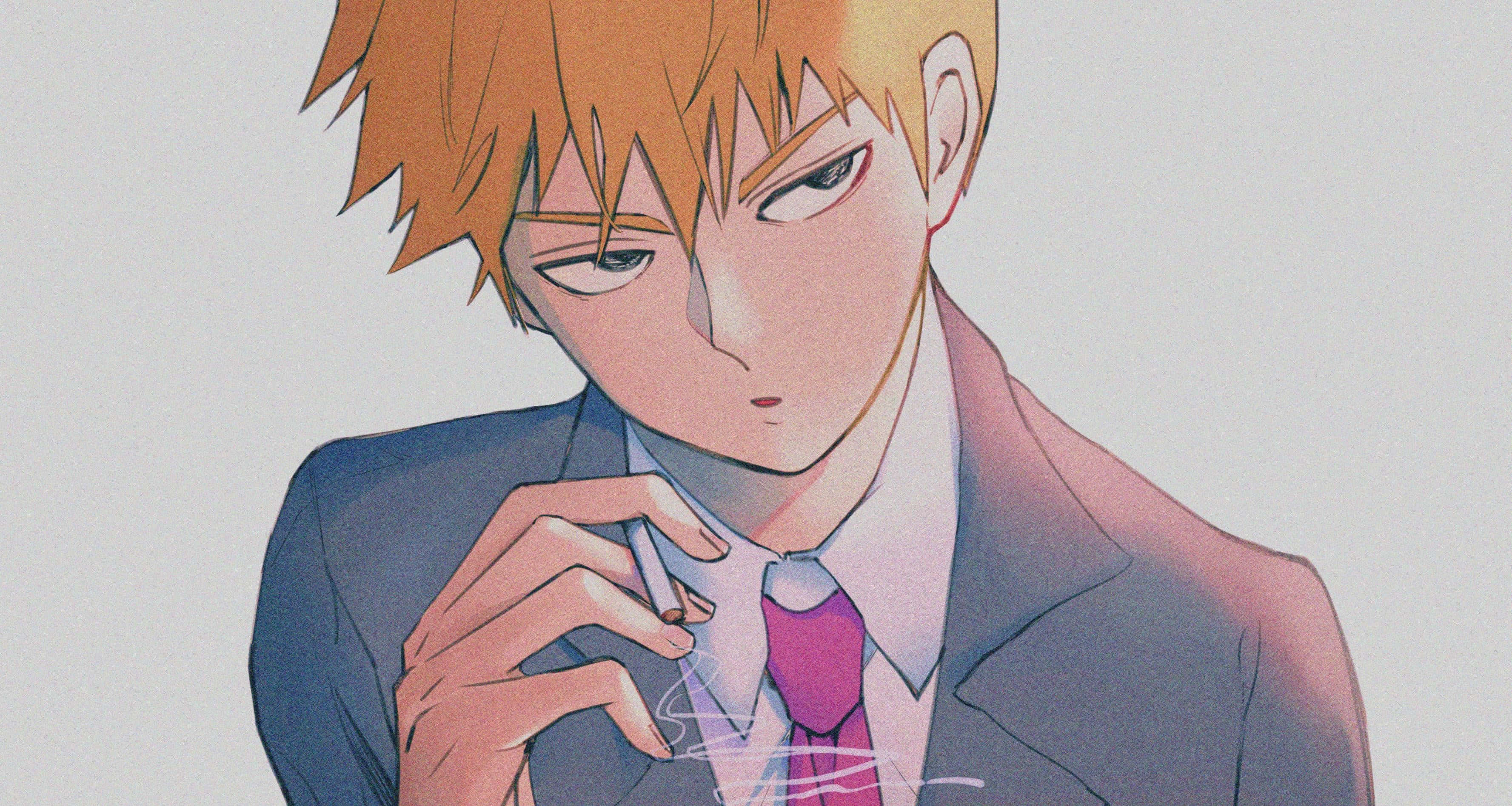 Arataka Reigen 桌布 壁紙 — 一個認真的動漫男孩，有著尖尖的橙色頭髮，穿著鋒利的西裝，在樸素的背景下抽煙。