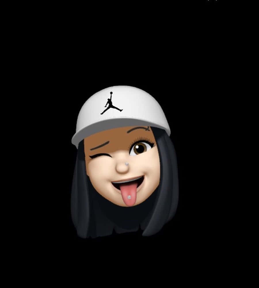 桌布 壁紙 — 一個調皮的 emoji 風格女孩在黑色背景前戴著白色 Jordan 帽子眨眼並伸出舌頭。