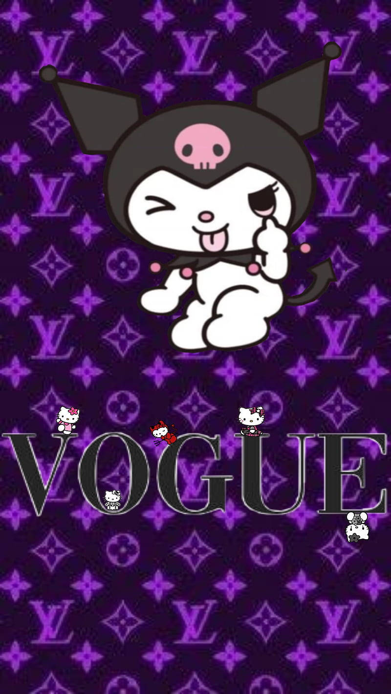 Purple Baddie 桌布 壁紙 — 一個調皮的Kuromi角色在帶有Vogue文字的紫色Louis Vuitton monogram圖案上眨眼並伸出舌頭。