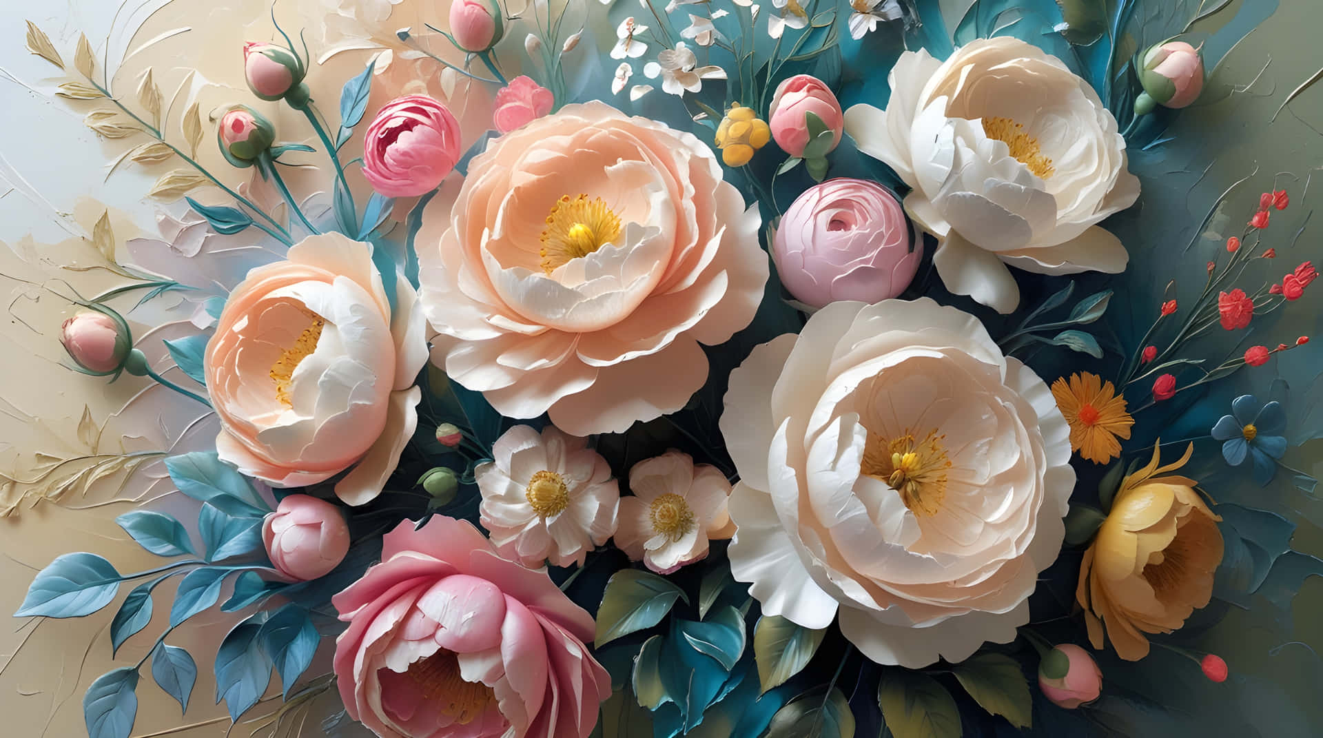 The Variety Colour Flowers 壁紙 — 一個豐富的3D剪紙花卉佈置，帶有蜜桃色、粉紅色、白色和黃色的花朵，背景為青綠色和奶油色。
