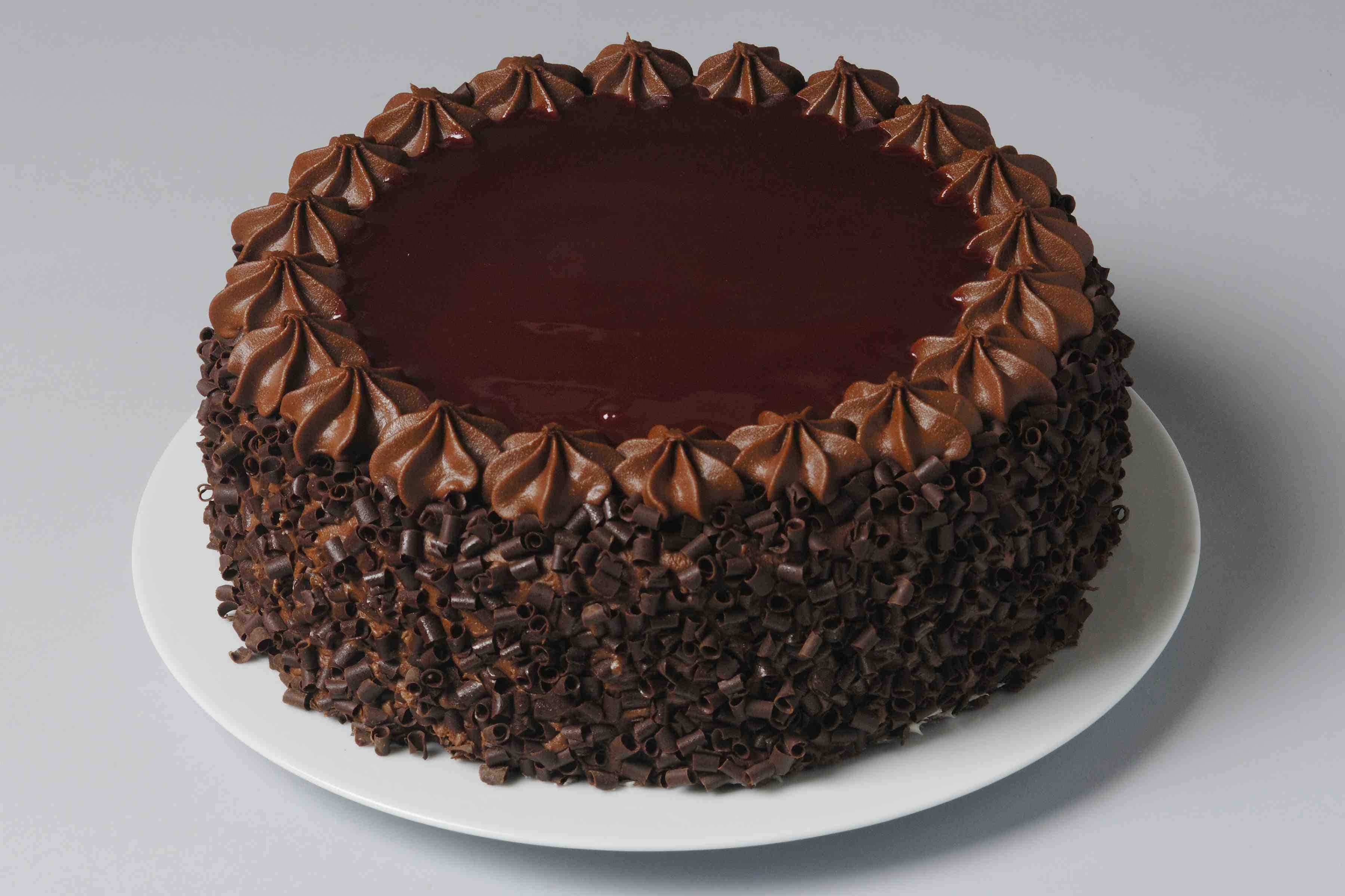 Chocolate Cake 桌布 壁紙 — 一個豐富的巧克力蛋糕，帶有光澤的甘納許頂部、擠花玫瑰和巧克力卷，放在白色盤子上。