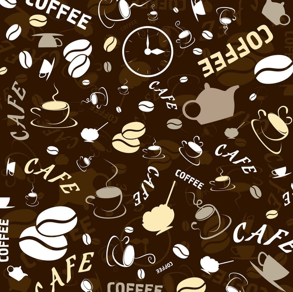 Brown Coffee 桌布 壁紙 — 一個豐富的棕色無縫圖案，充滿白色和米色的咖啡豆、杯子、茶壺和時鐘，並散佈著cafe和coffee的字樣。