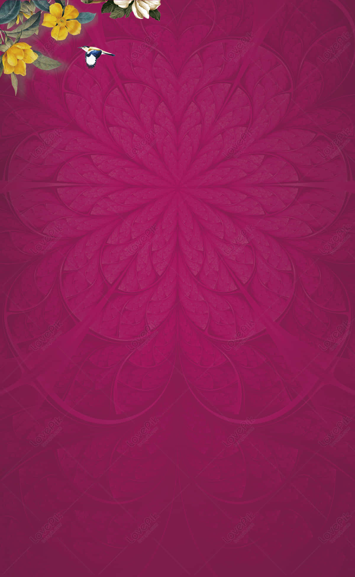 Purple Texture 桌布 壁紙 — 一個豐富的洋紅色壁紙，中央有花卉曼陀羅圖案和黃色花朵，頂角有一隻蜂鳥。
