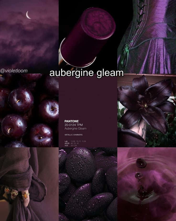 Aubergine Gleam 壁紙 — 一個豐富的茄子色調拼貼畫， featuring 李子水果、月亮、布料、花朵和金屬漆樣本。