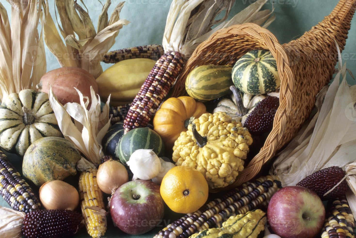 Fall Cornucopia 桌布 壁紙 — 一個豐收角，裝滿了色彩繽紛的葫蘆、玉米、蘋果和洋蔥，背景是柔和的青綠色。