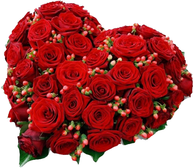 Bouquet Of Flowers 桌布 壁紙 — 一個豐盛的心形花束，由深紅玫瑰搭配綠葉和粉紅花蕾組成，背景為黑色。