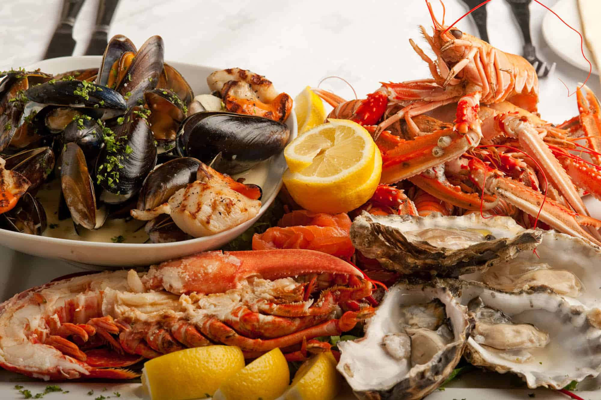 Seafood 桌布 壁紙 — 一個豐盛的海鮮拼盤，包含青口、蜆、龍蝦、生蠔和檸檬角，擺放在白色盤子上。