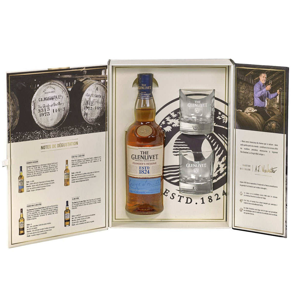 飲料 桌布 壁紙 — 一個豪華的 Glenlivet Founder's Reserve 威士忌套裝，配有兩個酒杯，放在一個開放的展示盒中，盒上印有復古蒸餾廠圖像和品酒筆記。