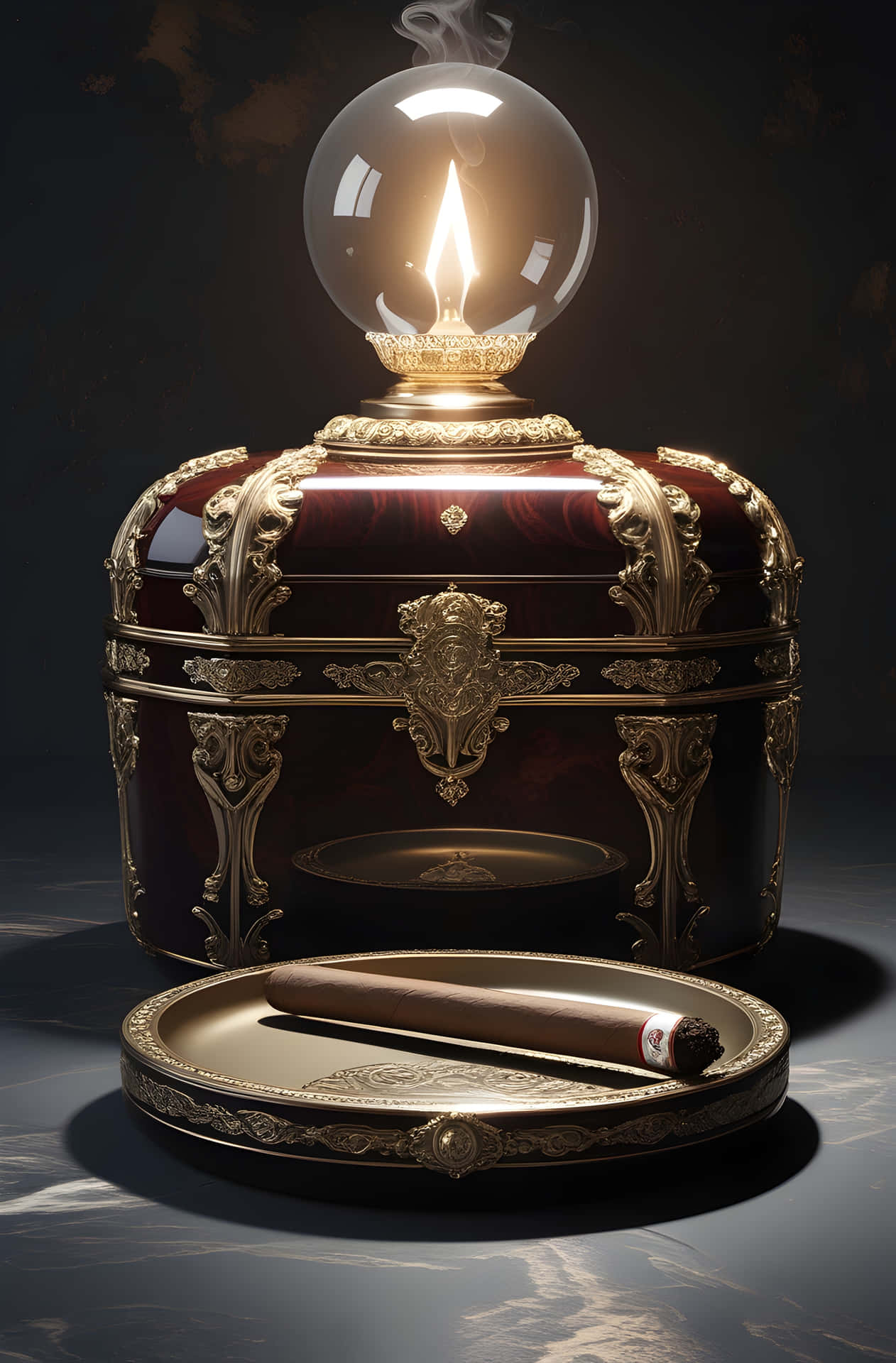 Regal Cigar Humidor 壁紙 — 一個豪華的勃艮第色雪茄保濕盒，帶有金色鏤雕，頂部有一個發光的燈泡和煙霧，旁邊是一個放在華麗托盤上的雪茄。