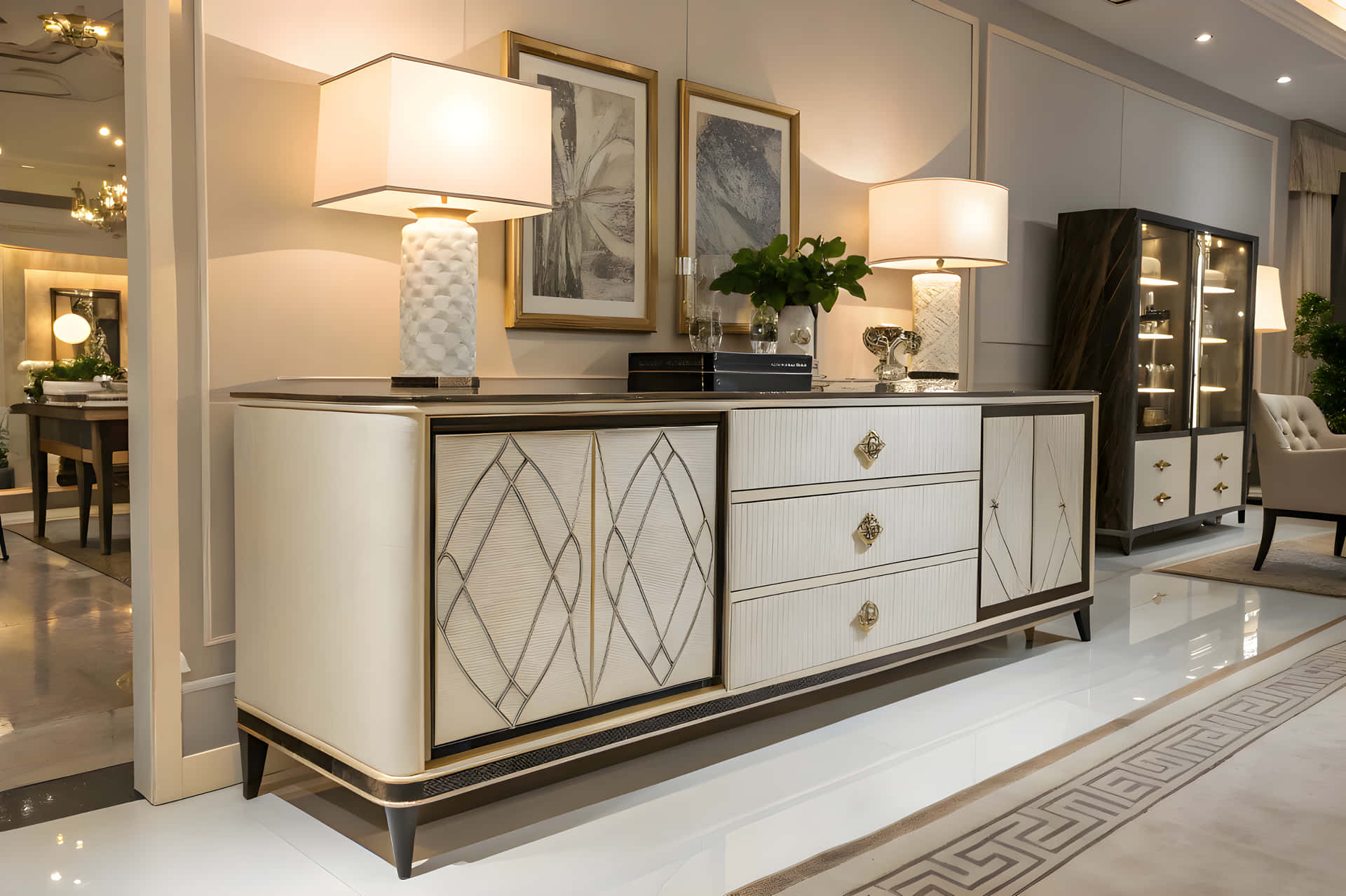 Beautiful furniture designs 壁紙 — 一個豪華的奶油色和金色邊櫃，帶有幾何鑲嵌，在高級家具展示廳的溫暖燈光下。