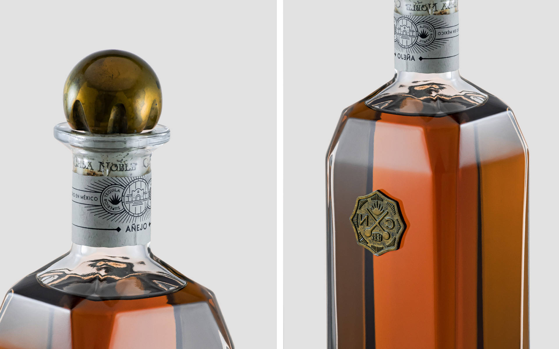 Tequila 桌布 壁紙 — 一個豪華的幾何形龍舌蘭酒瓶，帶有金色瓶蓋和精緻標籤，背景為中性色。