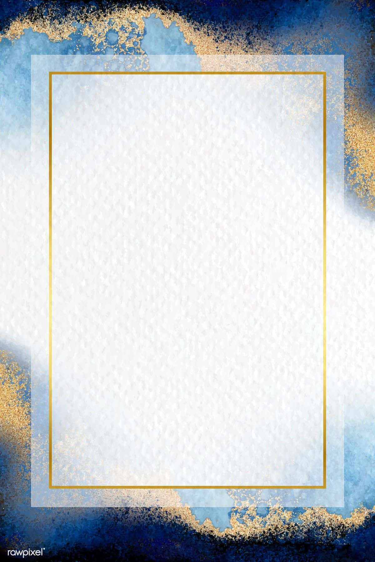 Frame 桌布 壁紙 — 一個豪華的抽象背景，帶有金色邊框的白色紋理中心，周圍環繞著藍色和金色的潑濺效果。