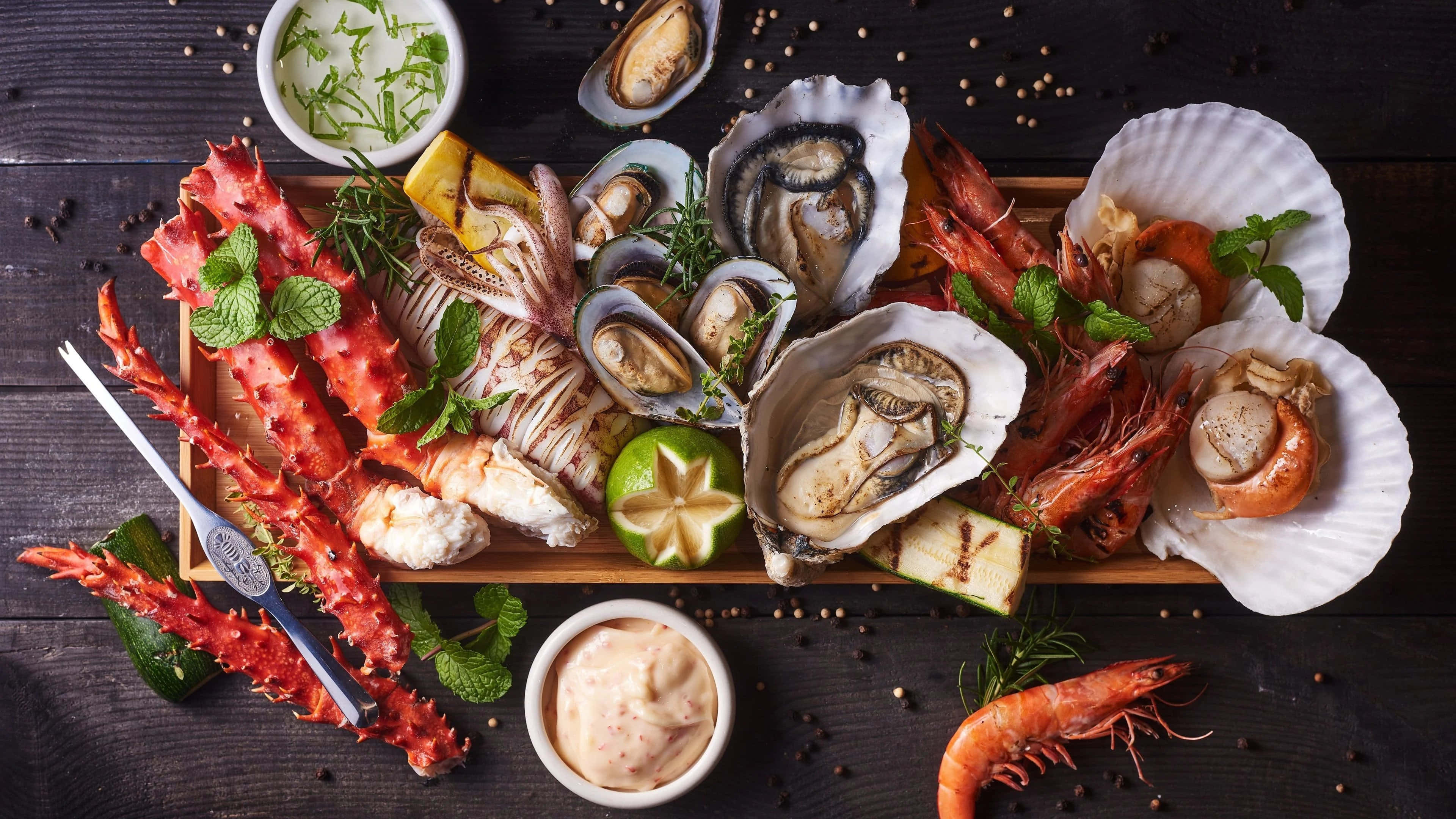 Seafood 桌布 壁紙 — 一個豪華的海鮮拼盤，包括蟹腳、生蠔、扇貝和蝦，用薄荷和萊姆裝飾，放在深色木板上。