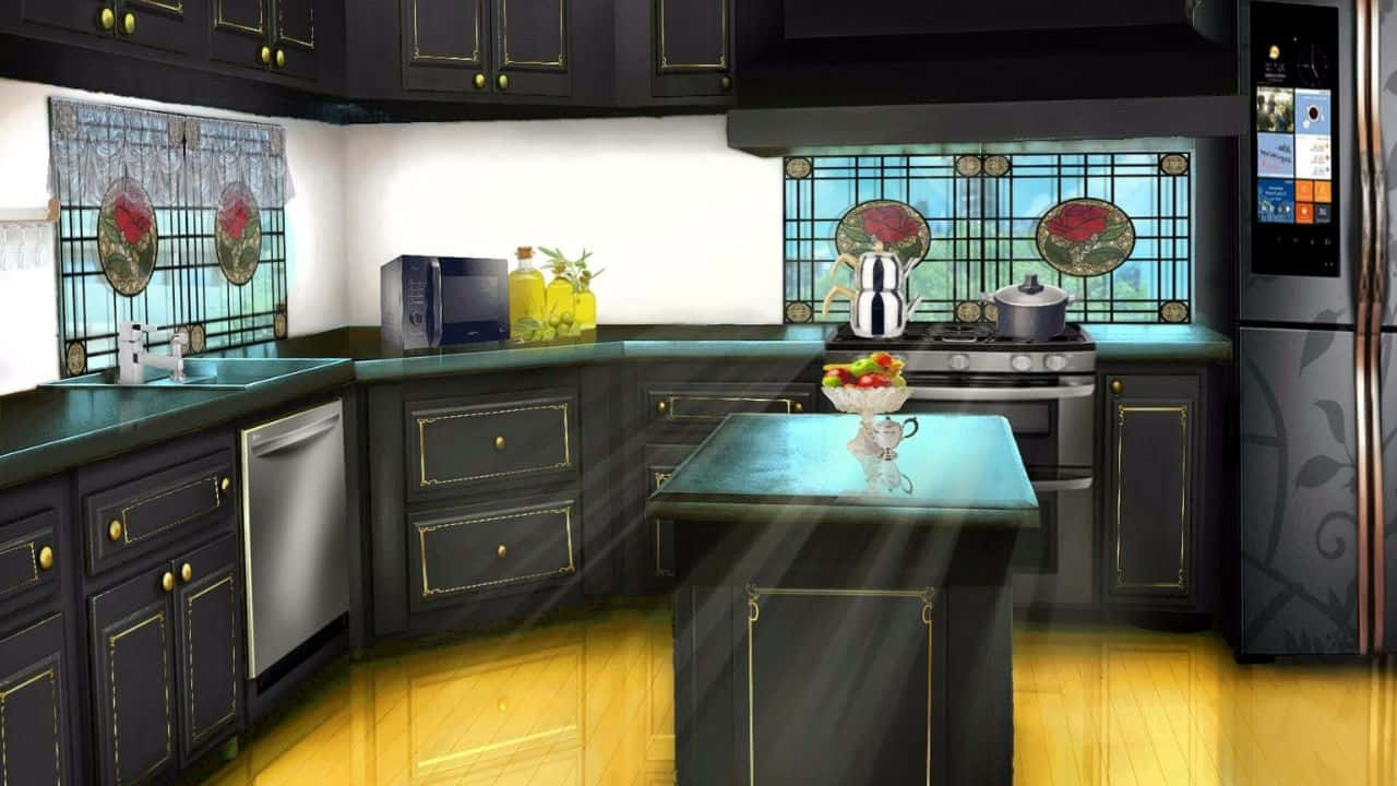 720p Kitchen 桌布 壁紙 — 一個豪華的深色廚房，配有金色鑲邊櫥櫃、彩色玻璃窗和一個沐浴在溫暖陽光下的中央島台。