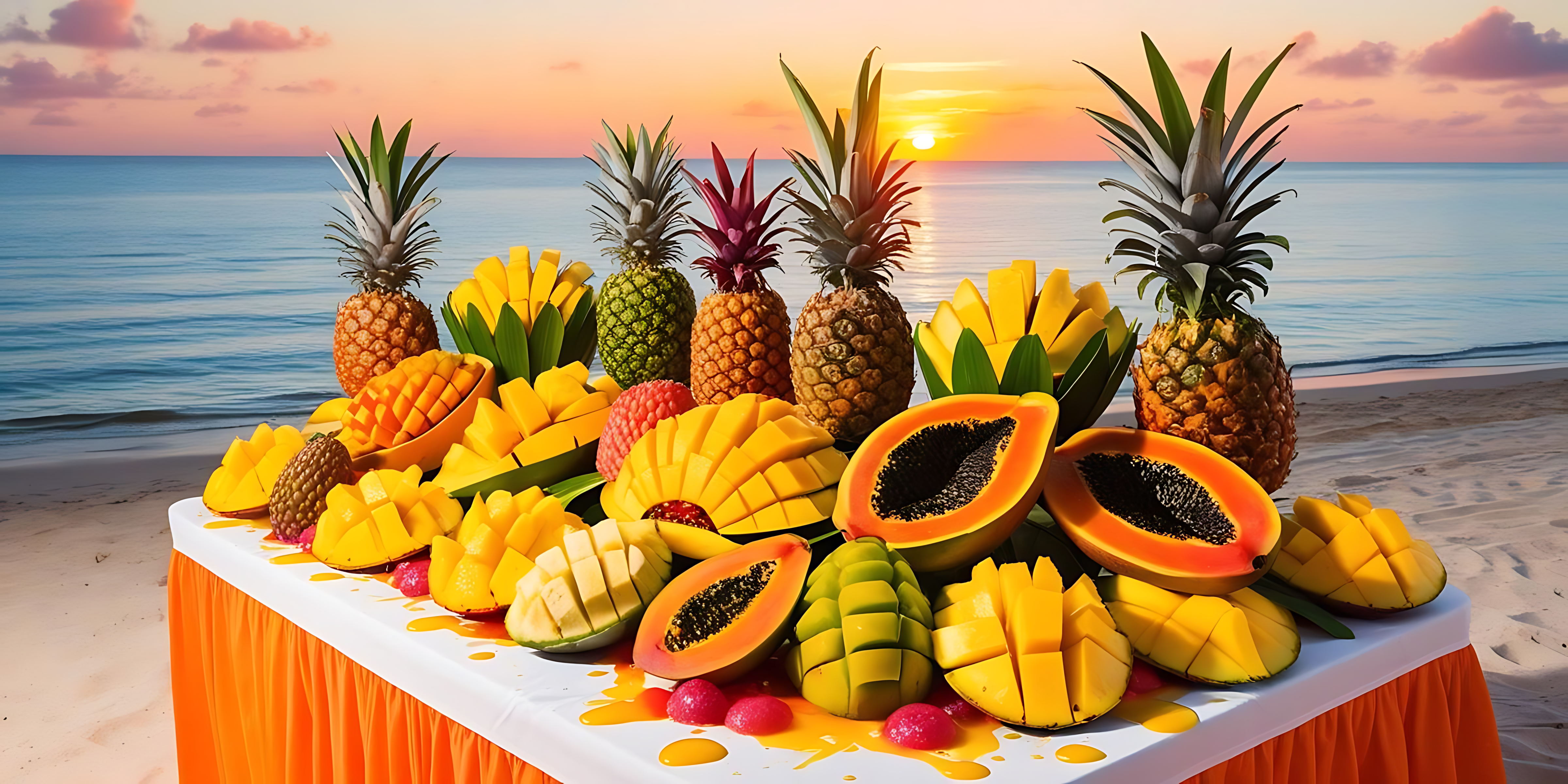Fruit 桌布 壁紙 — 一個豪華的熱帶水果拼盤，包括鳳梨、木瓜和芒果，放在沙灘上日落時分的桌子上。