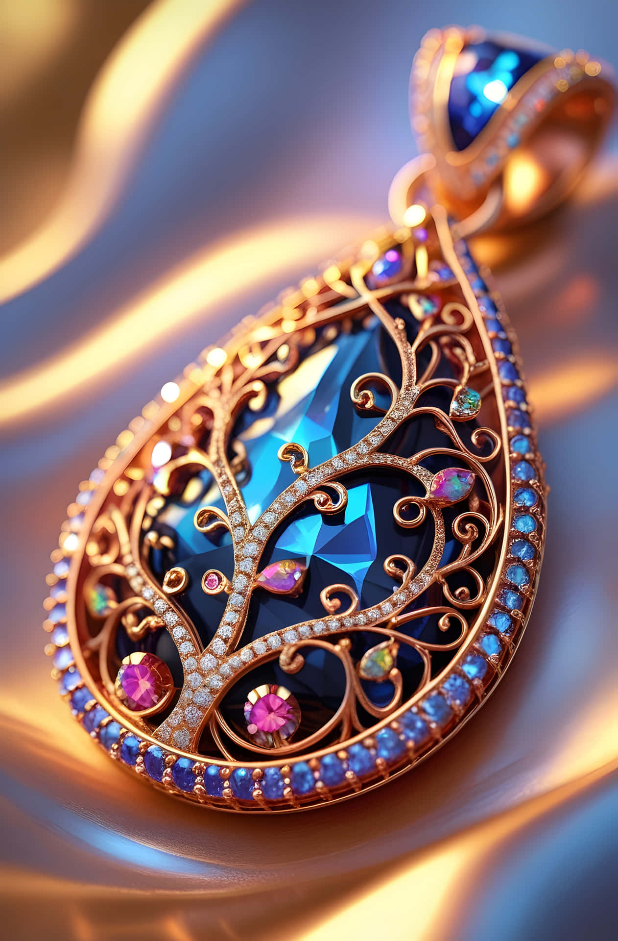 Ornate Filigree Gemstone Pendant 壁紙 — 一個豪華的金色吊墜，帶有精緻的鏤空花絲工藝，一顆被粉紅色和藍色寶石包圍的大藍色寶石，放置在柔軟的金色布料上。