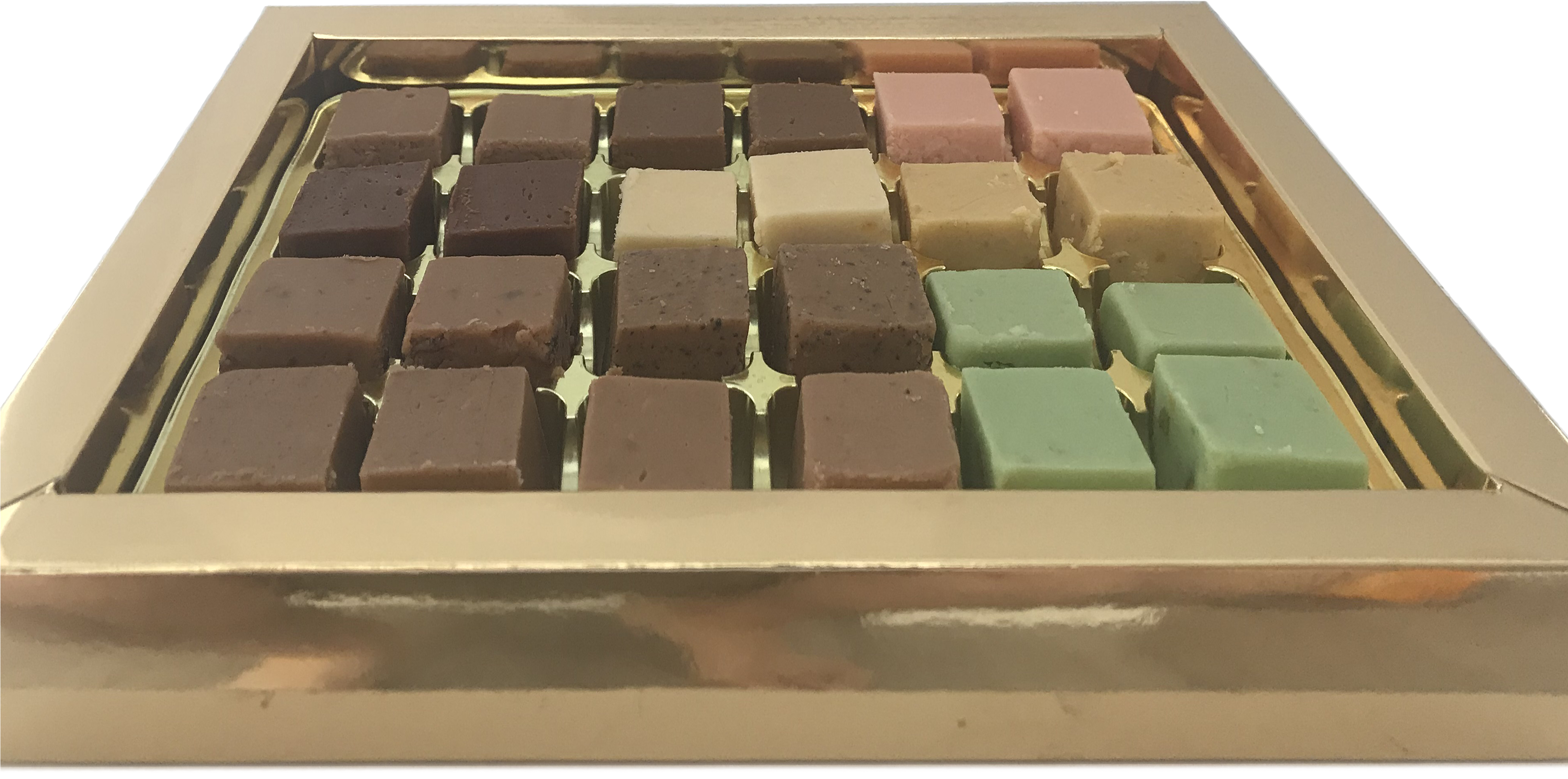 巧克力 桌布 壁紙 — 一個豪華的金色盒子，裡面整齊地排列著方形巧克力，有豐富的棕色、米色、粉紅色和綠色色調。