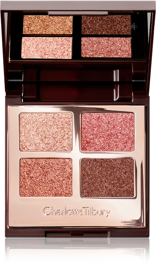 Cosmetics Products 桌布 壁紙 — 一個豪華的開封Charlotte Tilbury眼影盤，展示閃爍的玫瑰金、銅色和粉紅色調。