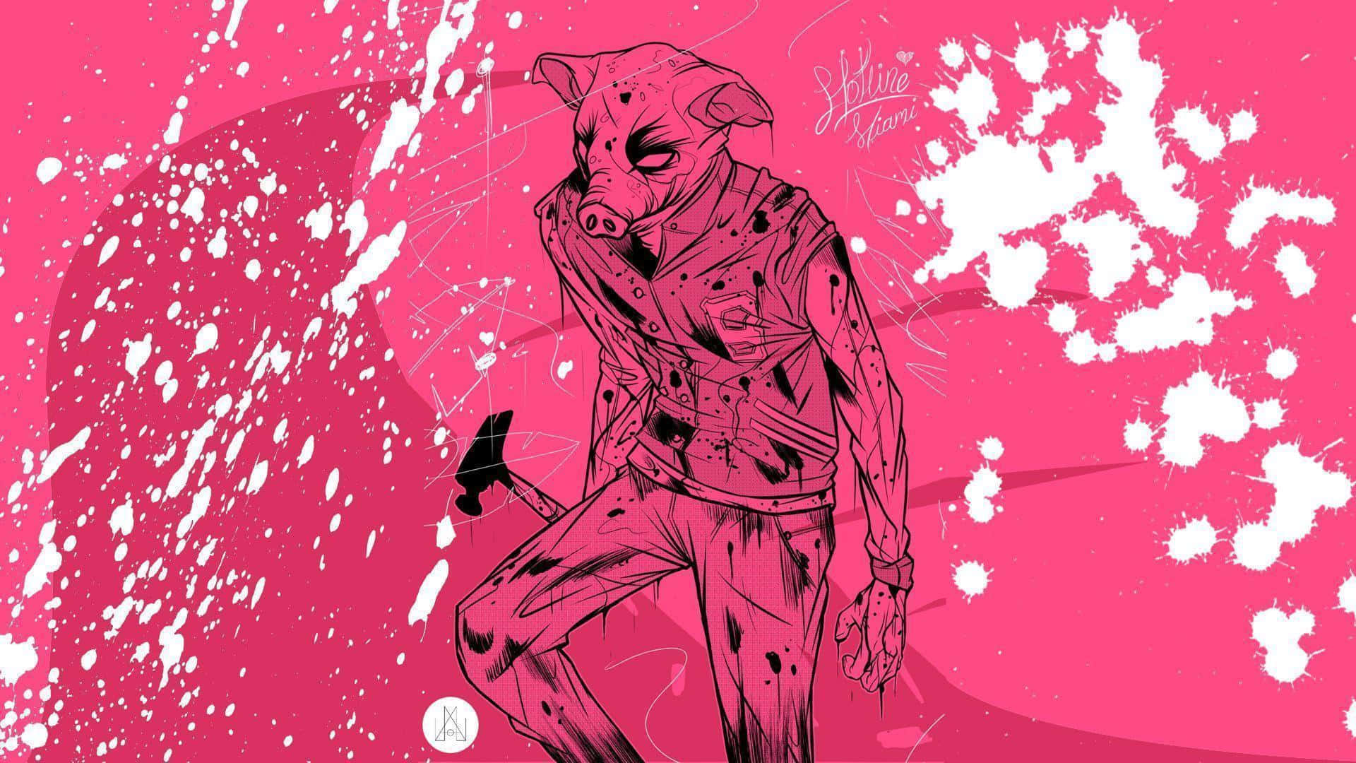 Hotline Miami 桌布 壁紙 — 一個豬頭人物穿著有污漬的夾克，在帶有白色潑濺的鮮豔粉紅色背景前舉著錘子。