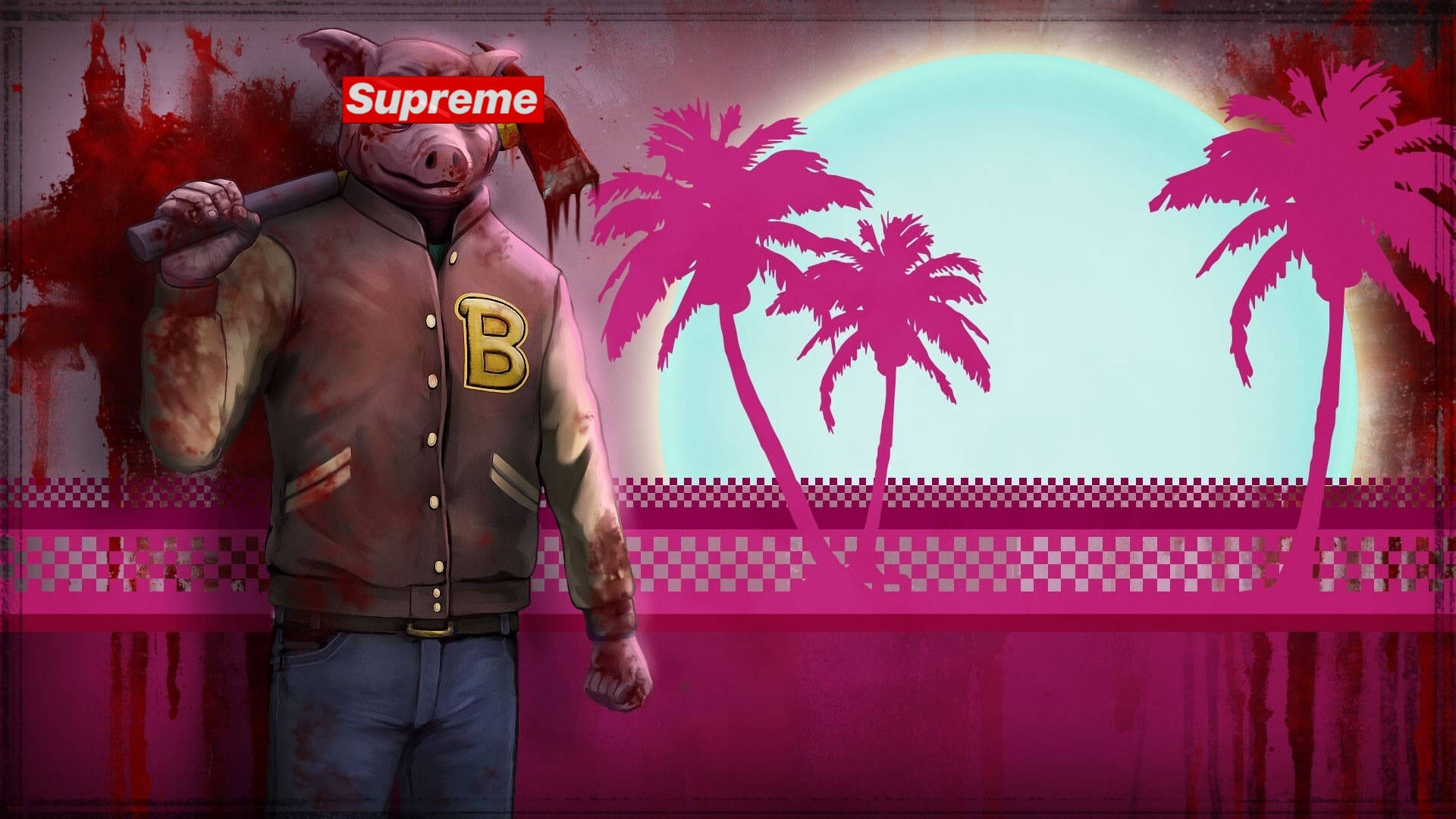 Cool Supreme 桌布 壁紙 — 一個豬頭人物穿著沾滿血跡的校隊夾克，在超現實的粉紅棕櫚樹背景和發光的太陽前握著一把斧頭。