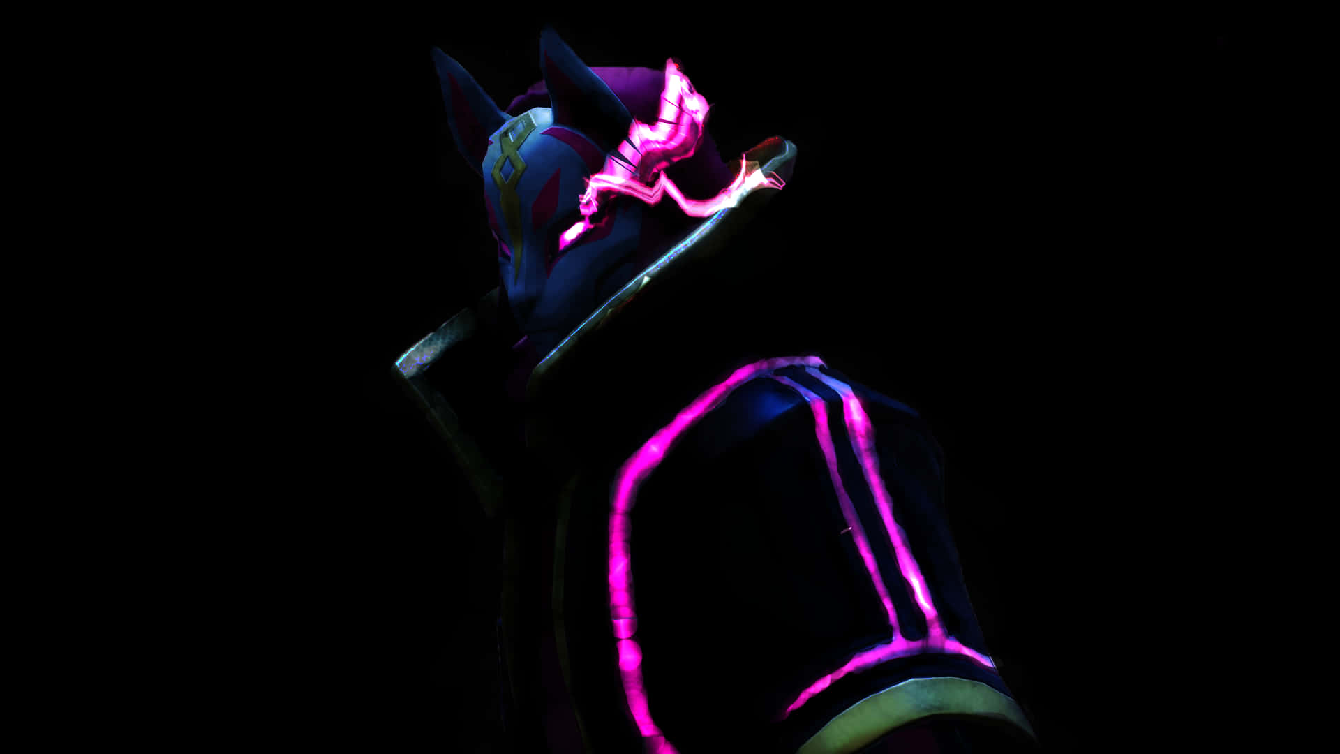 Fortnite Drift 桌布 壁紙 — 一個貓咪角色的黑色剪影，頭部和肩部帶有發光的粉紅色霓虹燈點綴，背景為黑色。