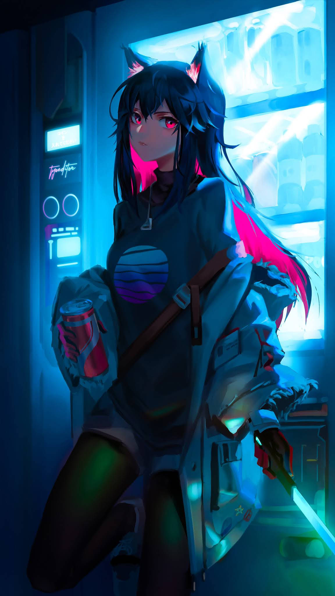 動漫女孩 桌布 壁紙 — 一個貓耳動漫女孩，擁有發光的粉紅色頭髮，站在霓虹燈照亮的自動販賣機凹室中，手持罐頭和劍。
