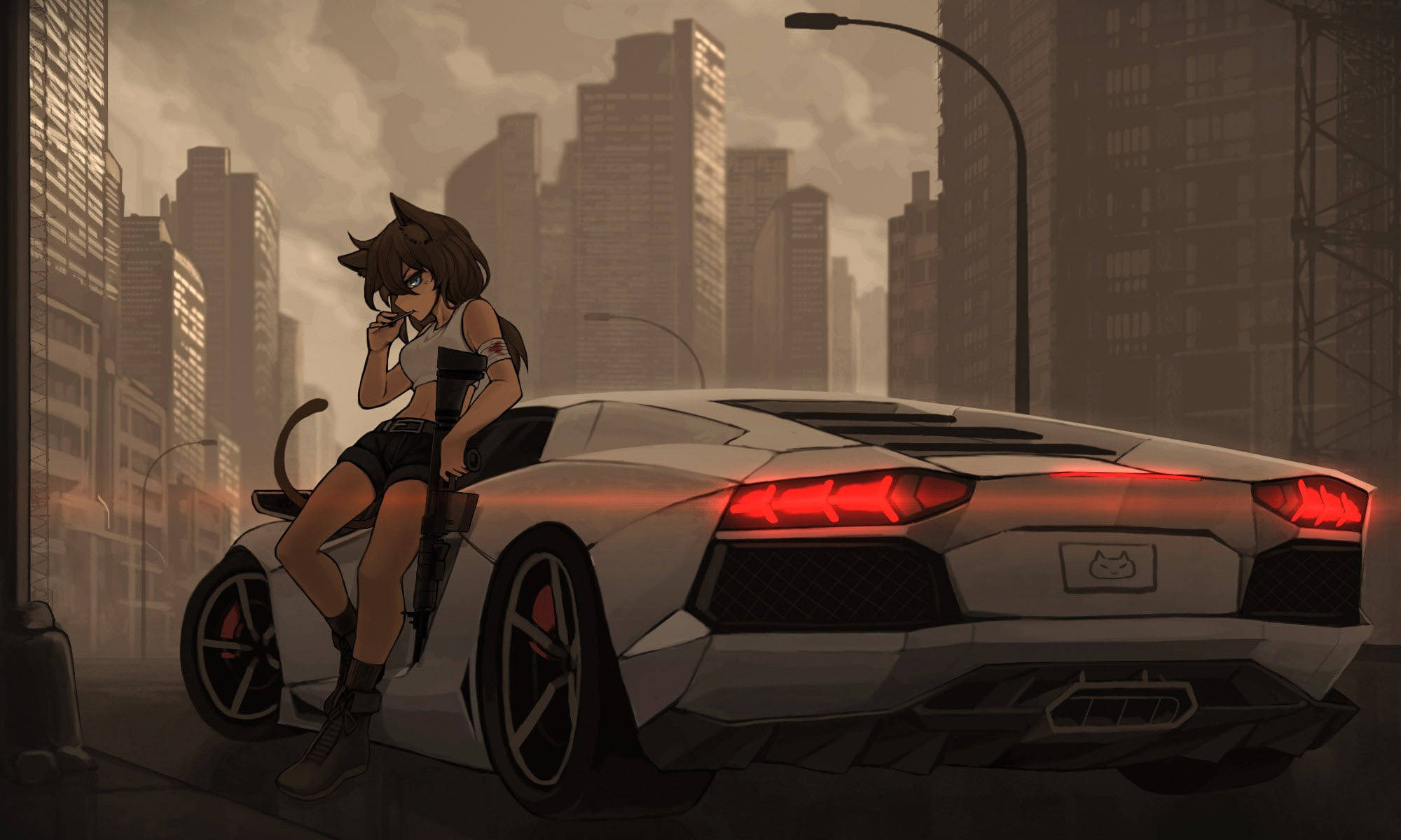 動漫車 桌布 壁紙 — 一個貓耳動漫女孩坐在一輛帶有發光紅色尾燈的白色跑車上，背景是朦朧的城市天際線。