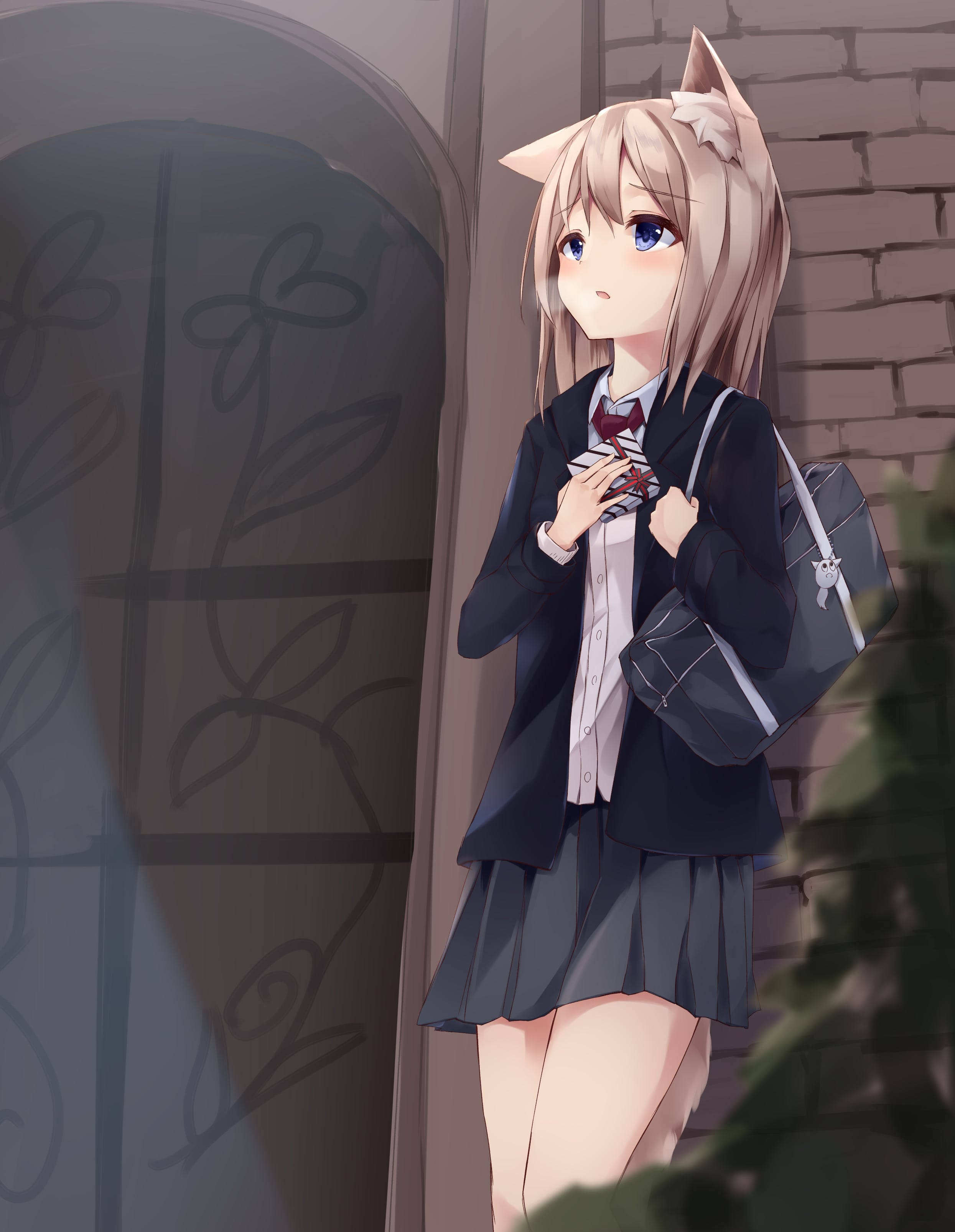 Valentines 桌布 壁紙 — 一個貓耳動漫少女穿著校服站在磚牆旁，手持星形物品。