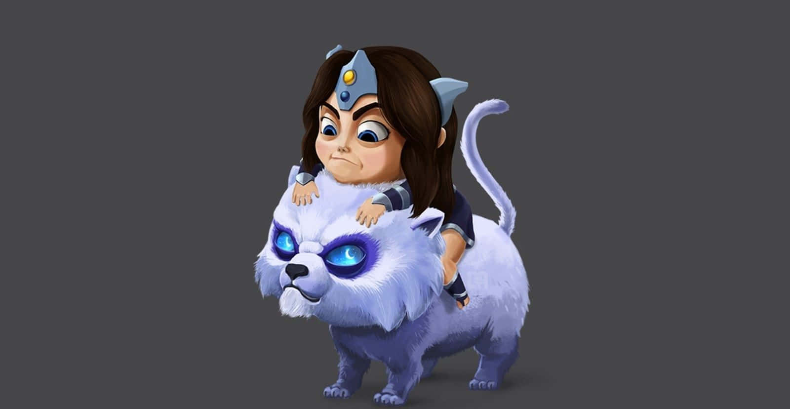 Mirana 桌布 壁紙 — 一個貓耳蘿莉風格的女孩騎著一隻毛茸茸的白色生物，牠有發光的藍色眼睛，背景是純灰色。