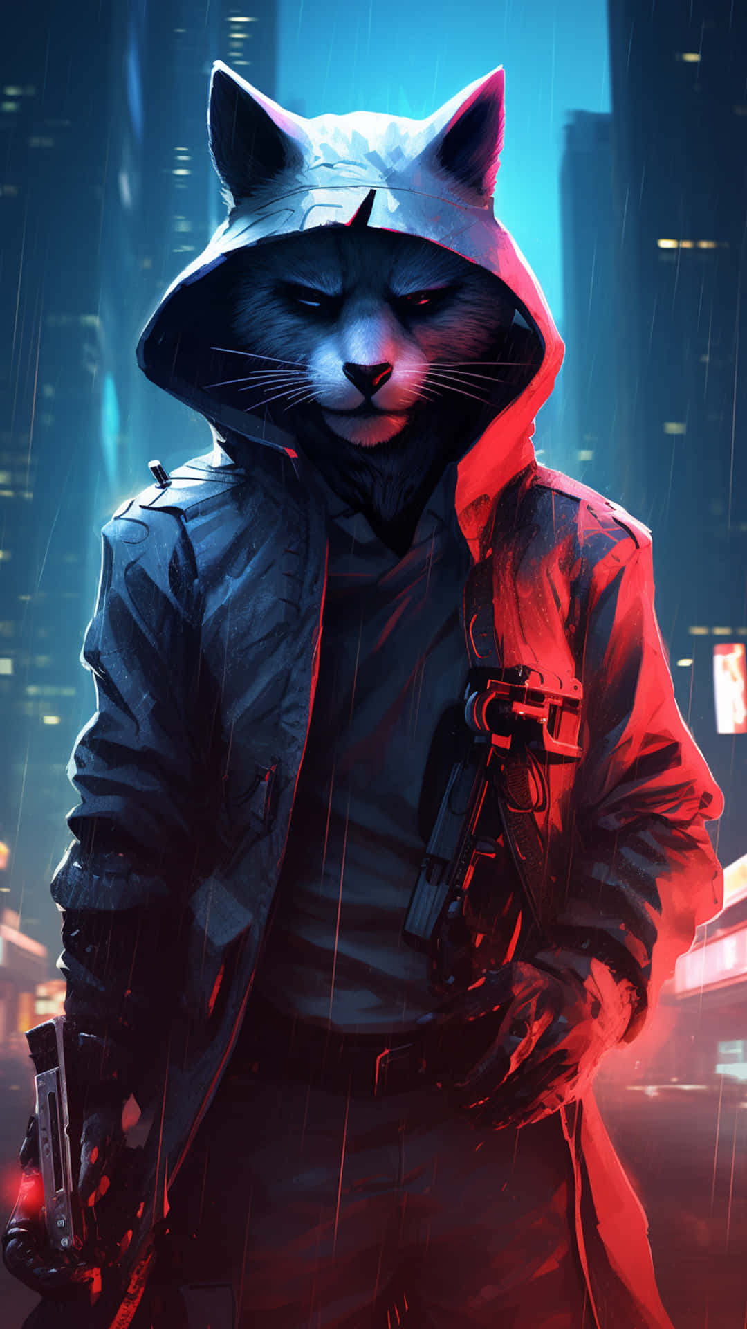 smart cat mobile wallpaper 壁紙 — 一個貓頭人物穿著連帽風衣，站在被雨水浸透的霓虹城市中，手持兩把手槍。