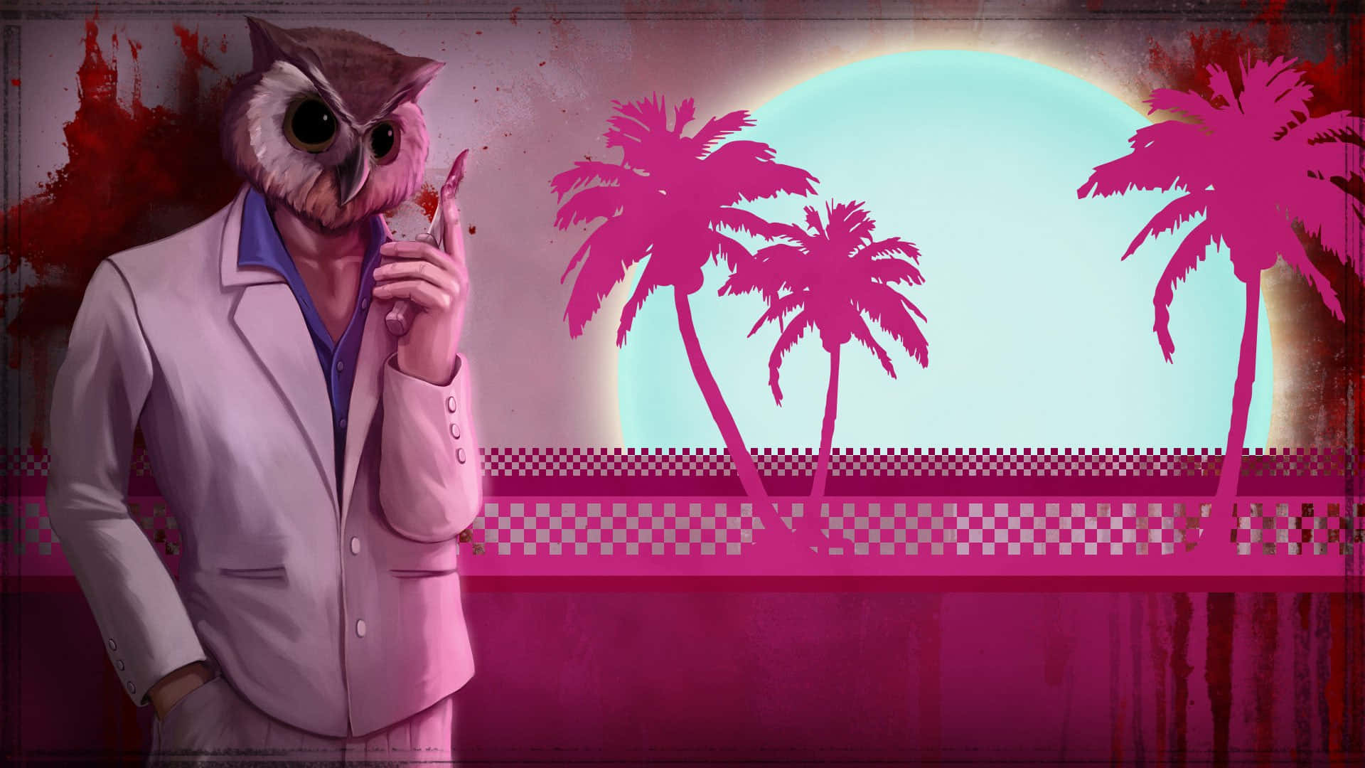Hotline Miami 桌布 壁紙 — 一個貓頭鷹頭的男人穿著粉紅色西裝，在超現實的粉紅色棕櫚樹背景和發光的月亮下啜飲飲料。
