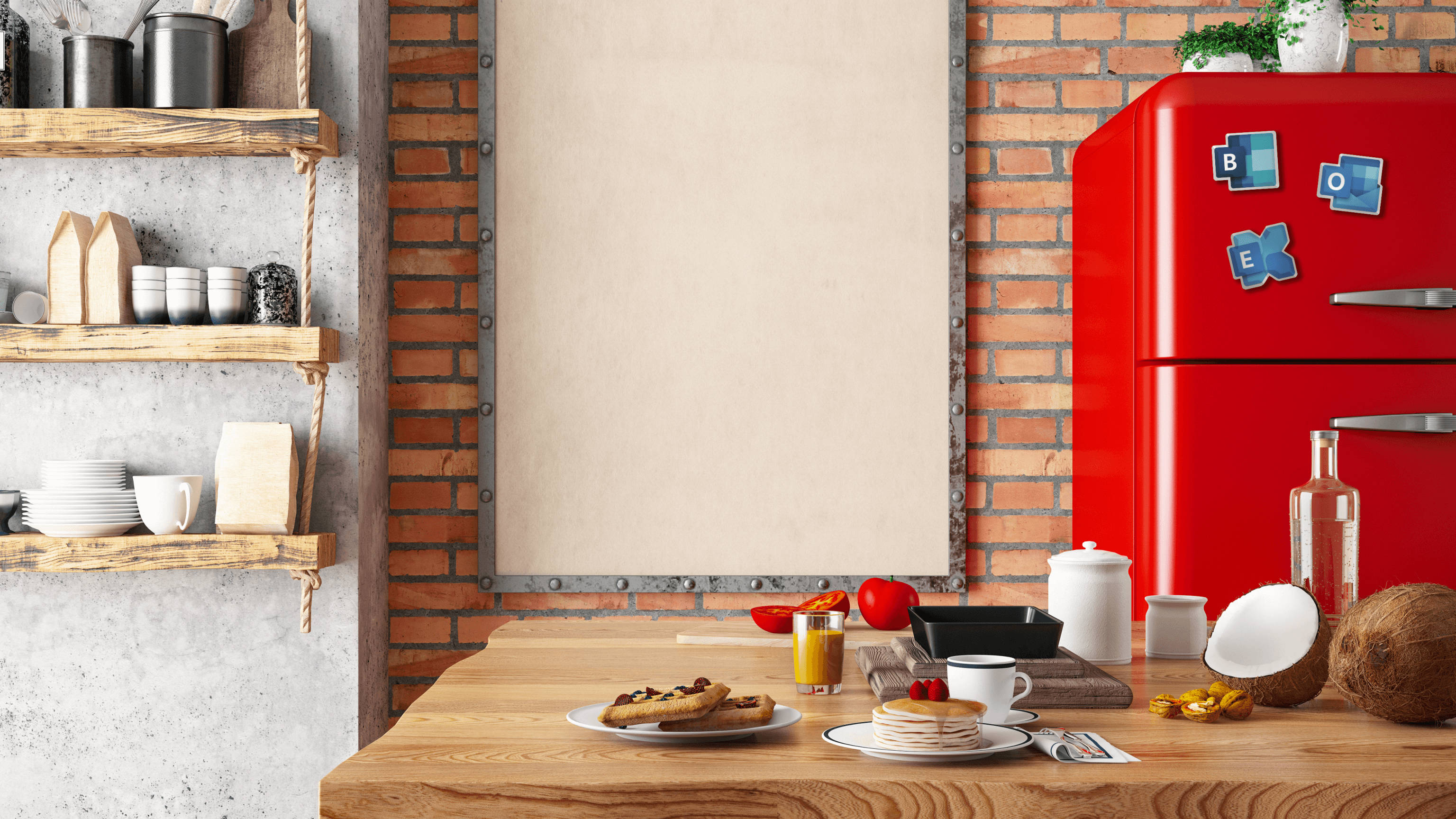 Kitchen Design 桌布 壁紙 — 一個質樸的廚房，木桌上擺放著早餐，旁邊是鮮紅色的復古冰箱，背景是裸露的磚牆。
