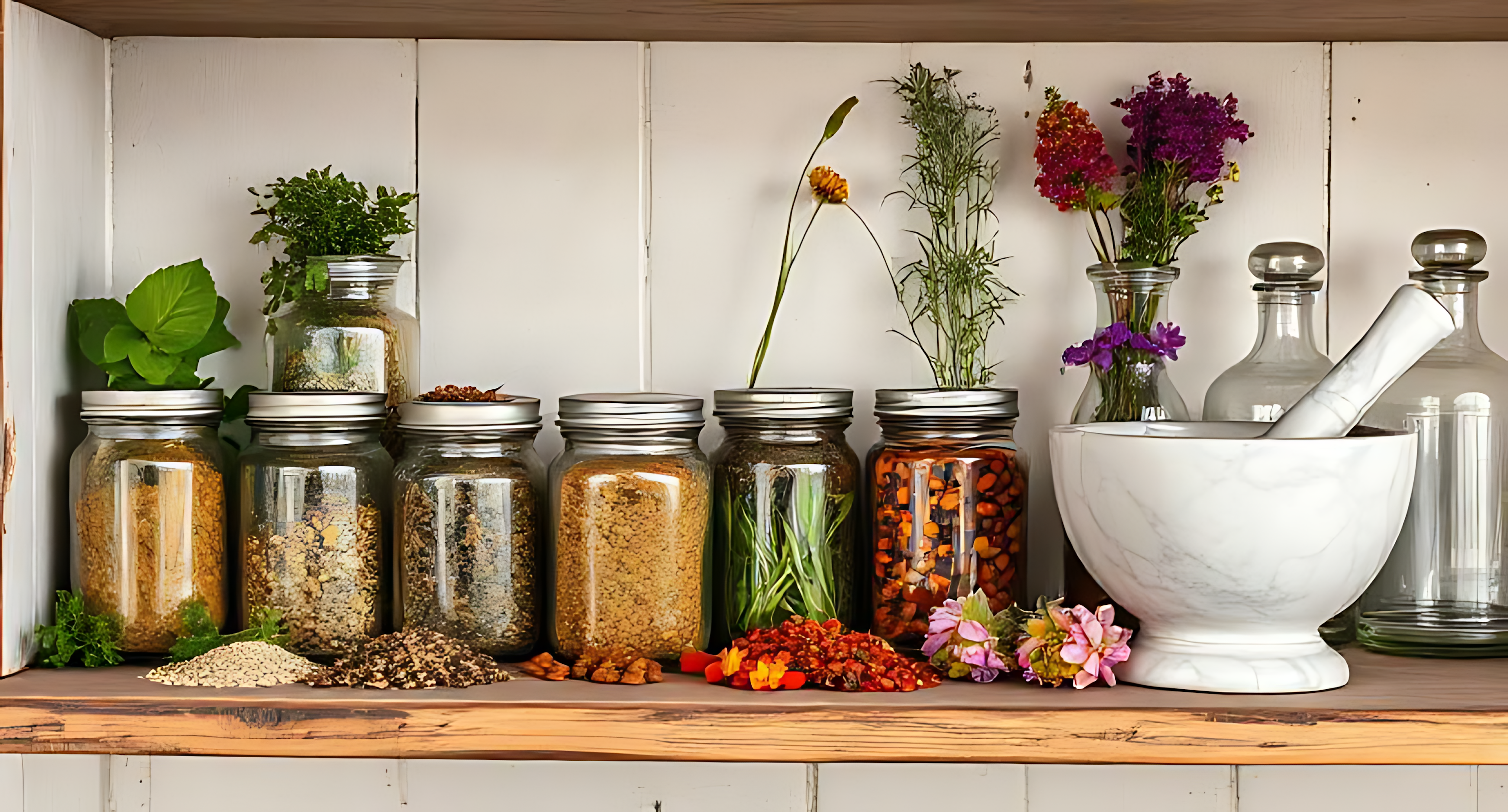 Herbs 桌布 壁紙 — 一個質樸的木架上展示著裝滿五顏六色香料、香草和乾花的玻璃罐，旁邊有一個白色大理石研缽和研杵。