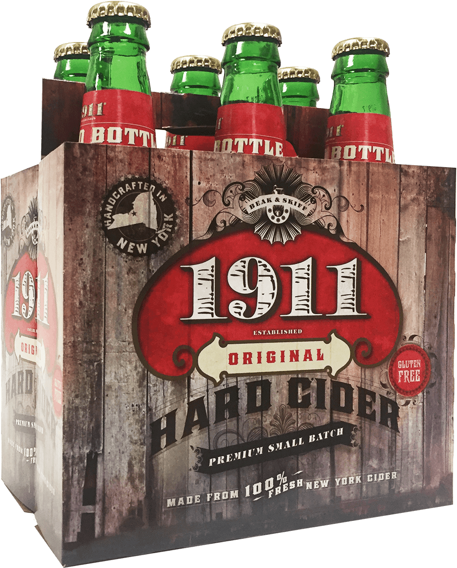 Apple Cider 桌布 壁紙 — 一個質樸的木箱裝有六瓶1911 Original Hard Cider的綠色玻璃瓶，帶有紅色標籤和金色瓶蓋。