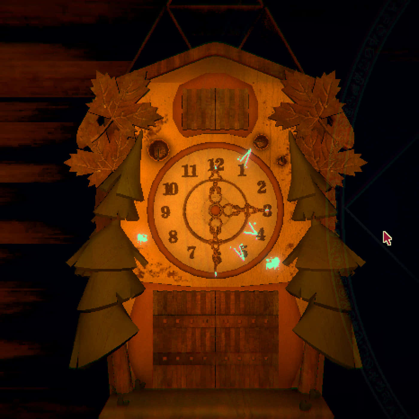 Clock 桌布 壁紙 — 一個質樸的木製布穀鳥鐘，飾有秋葉和松果，在黑暗背景下溫暖地發光。